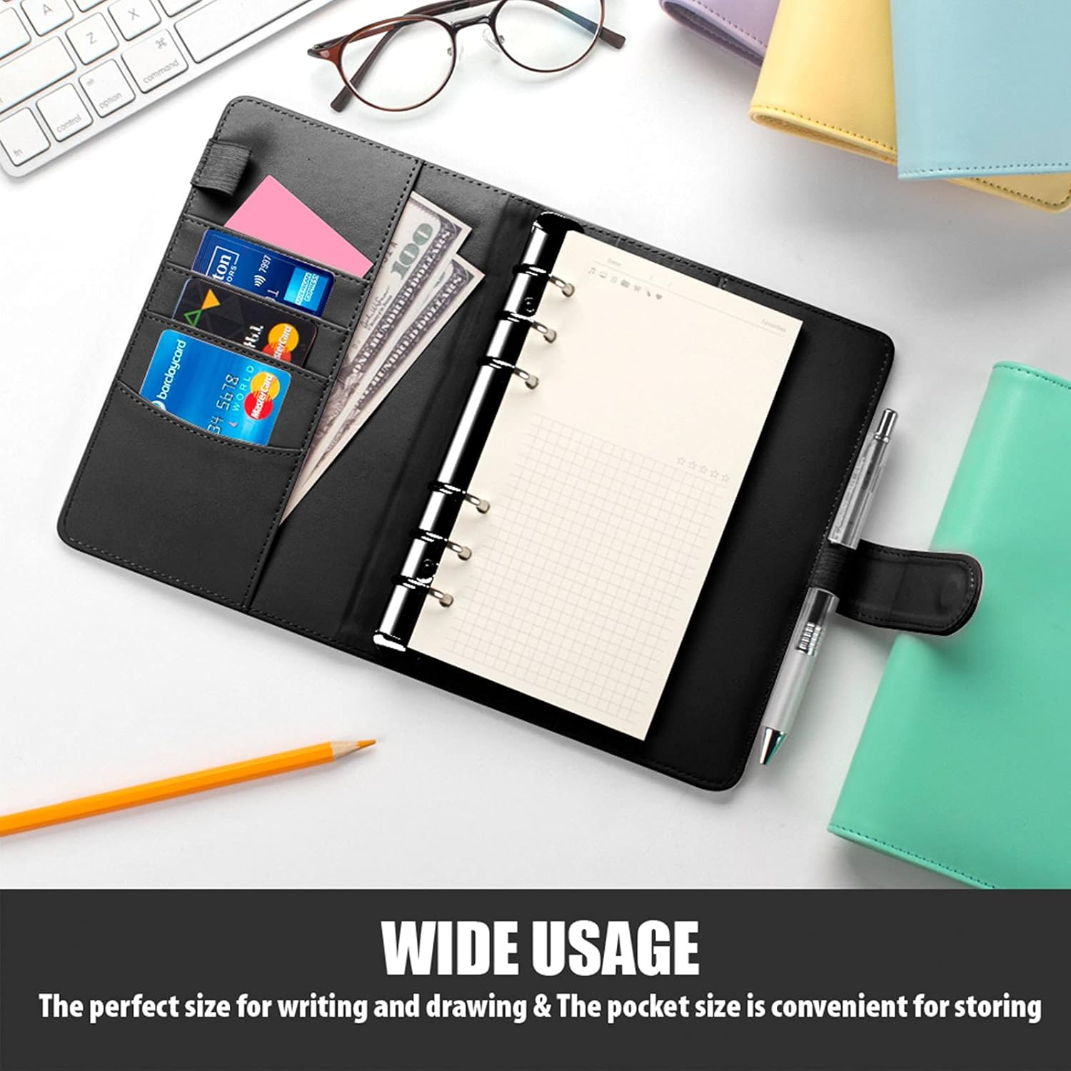 Sooez A5 Binder 6 Ring, Refillable Notebook Planner Cover, Small Leather Organizer Empty Binder for Budget,Journal,Photocard Holder,Recipe Book, Aesthetic Loose Leaf Binder with Magnetic Buckle - Black image number 3