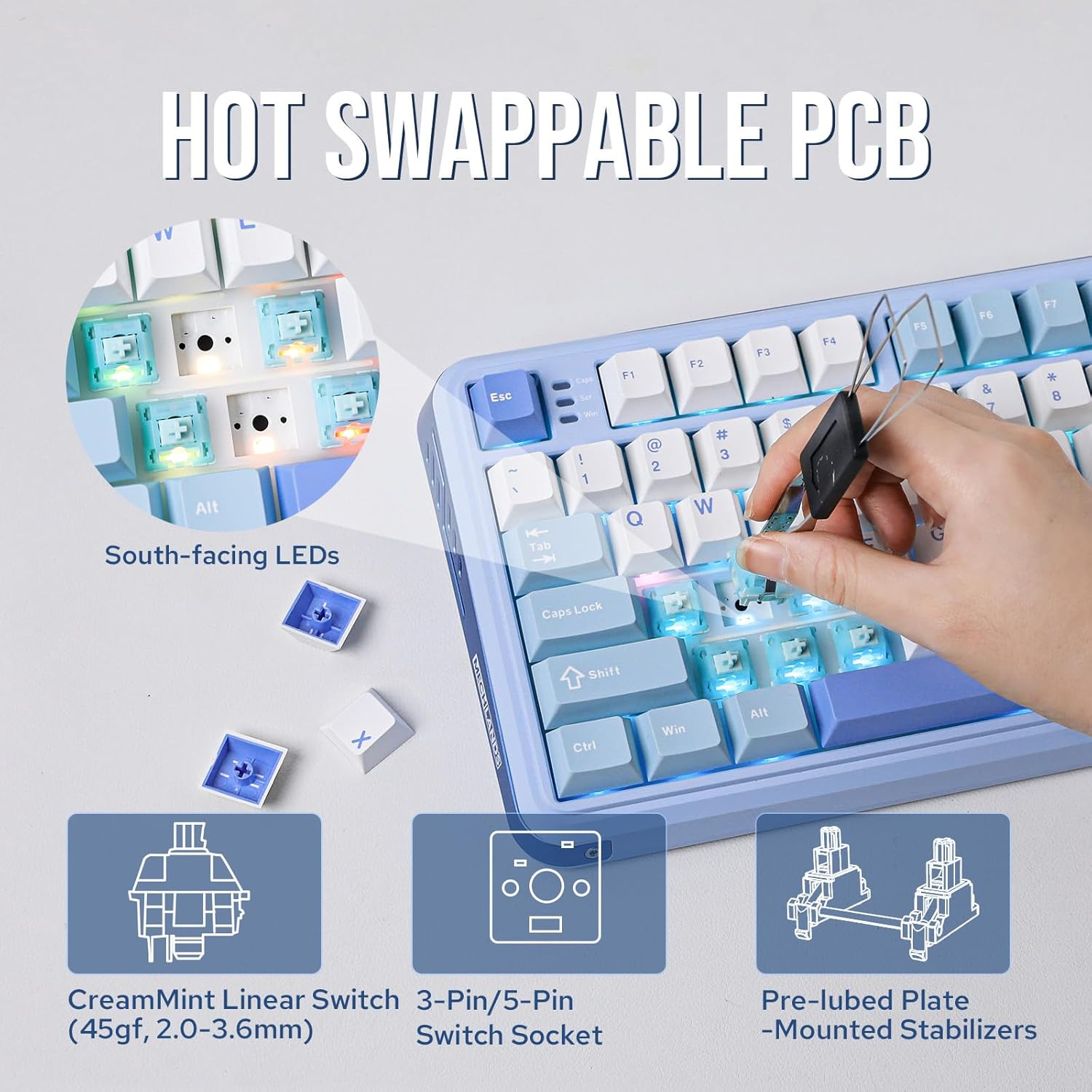 Mechlands Vibe75 75% Wireless Gaming Keyboard with Interchangeable Screen&Knob Modules, Hot Swappable Creamy Mechanical Keyboard with Gasket Structure, Bt5.0/2.4Ghz/Usb-C, 5-Layer Padding, RGB (Blue) - Black image number 3