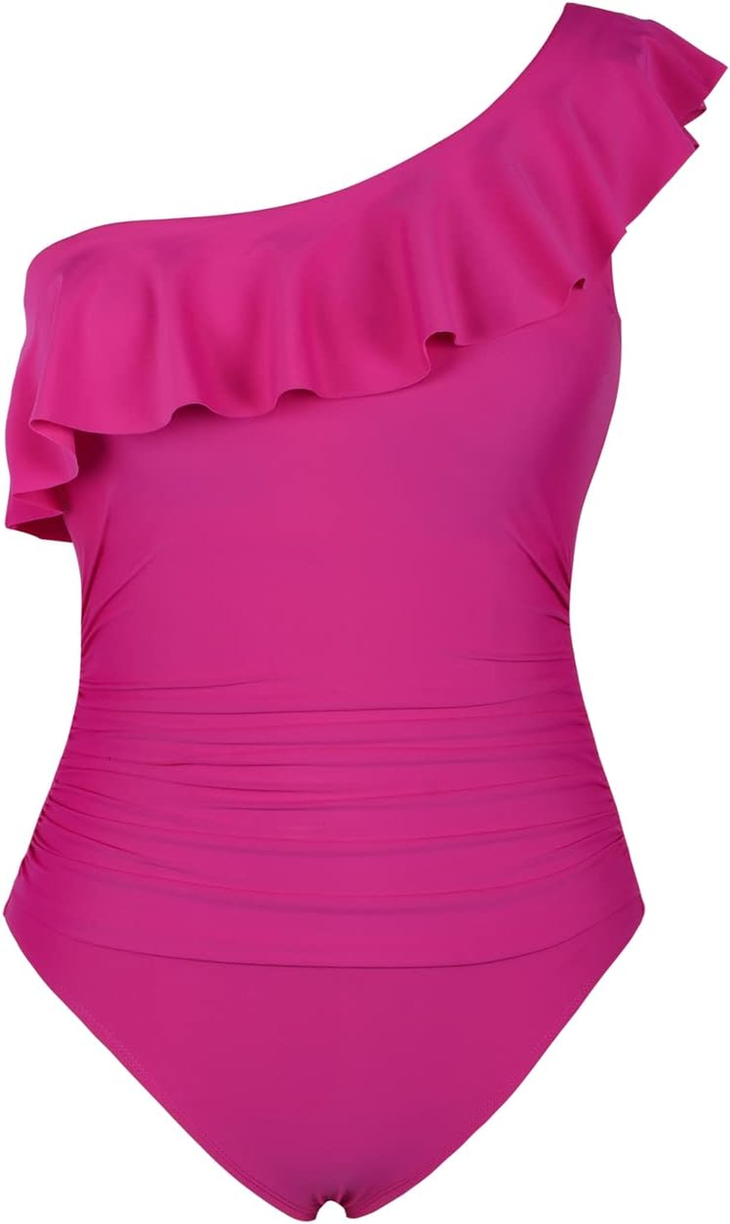 Hilor Women'S One Piece Swimsuits One Shoulder Swimwear Asymmetric Ruffle Monokinis Bathing Suits Hot Pink 10 image number 5