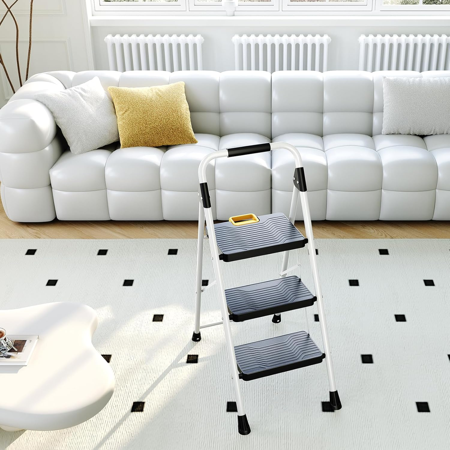 KINGRACK 3 Step Ladder, Sturdy Steel Folding Step Stool with Safe-Lock Design, Handrail, Anti-Slip Wide Pedals, Pass 150 KG Load Testing, Portable Stepladder for Multi-Purpose, Home, Kitchen, White image number 5