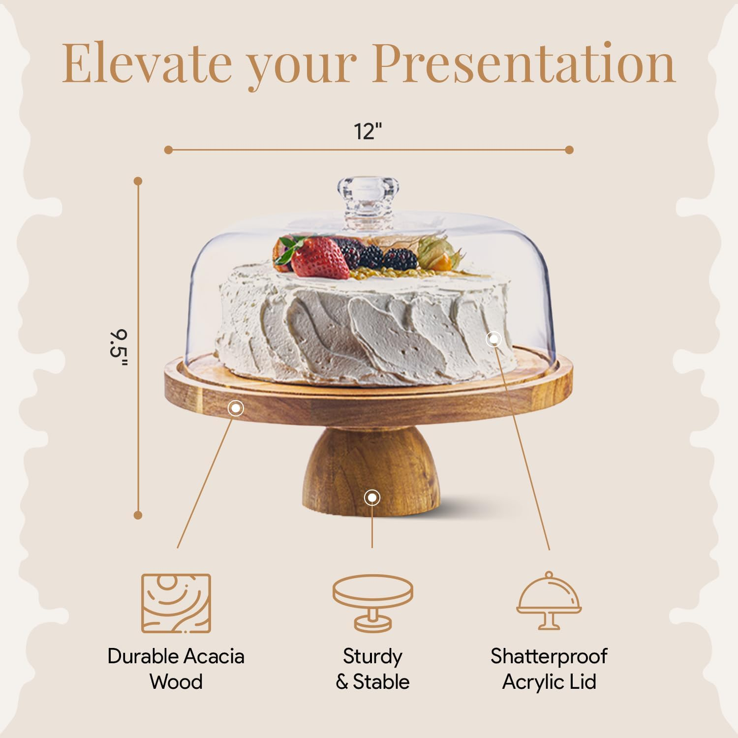 Acacia Wood Cake Stand with Lid - 12In round Cake Holder, 2-In-1 Dessert Table Display Set & Charcuterie Board for Cheese, Chips & Dips, Nachos, Fruit Platter, Large Acrylic Cake Dome Cover image number 1