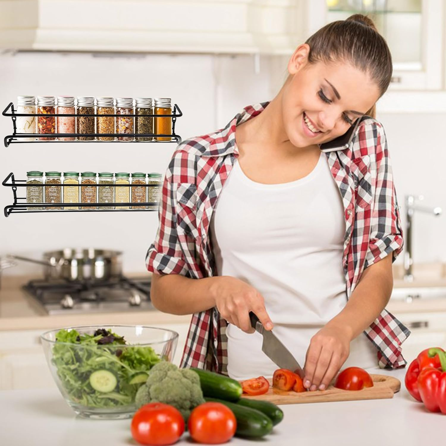 Nealie Wall Spice Rack Organizer- 4 Tier Hanging Stainless Steel Spice Racks Wall Mounted with Adhensive Stickder & Screws-Adhesive Hanging Spice Rack Kitchen & Pantry Shelf for Spice Jars