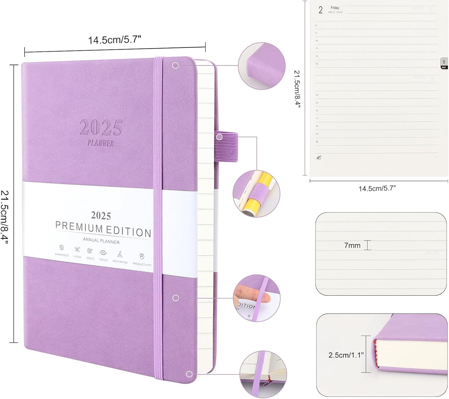 Academic Diary 2025 - A5 2025 Diary, Day per Page, Leather Notebook from Jan to Dec, Self-Care Daily Planner, Journal Notebook, A5 Week to View Diary, Monthly Planner with Pen Loop (Red) image number 5