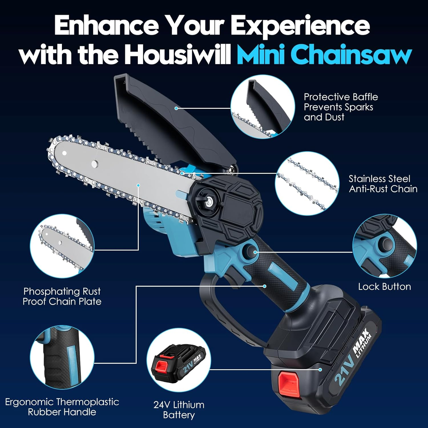 Mini Chainsaw Cordless 6 Inch & 4 Inch, 21V Chainsaw with 2 Batteries, Chain Saw Power Tools, Hand Tools Pruning Saw for Graden Wood Cutting Tree Cutting Trimming DIY Projects Gardening Camping image number 6