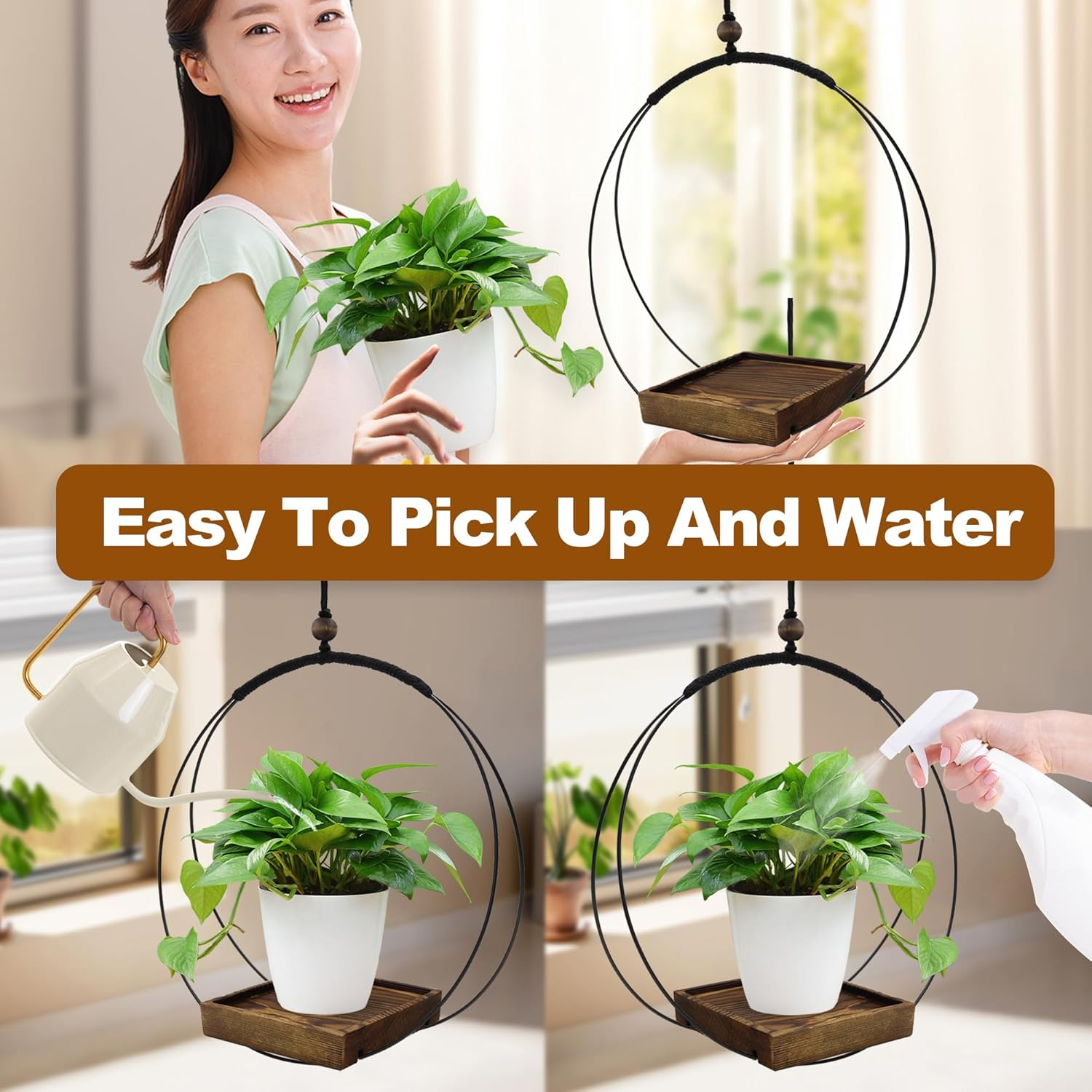 2 Pack Hanging Plant Holder, Metal Wall Hanging Planter with Wood Base, Plant Hangers Indoor, Hanging Flower Basket for Outdoors, Swinging Plant Pot for Room Ceilings Window (Brown) - Black image number 3