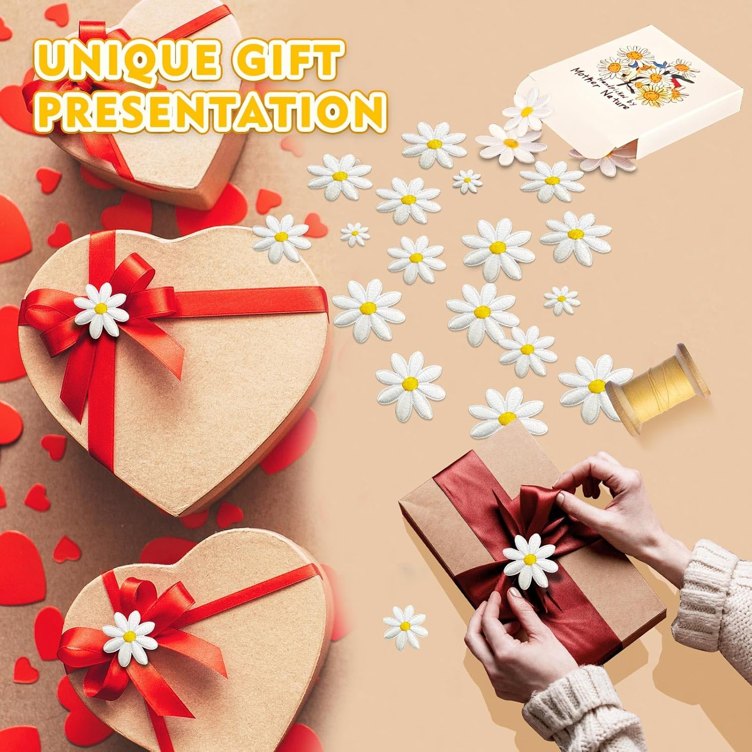 40Pcs 4 Sizes Daisy Flower Iron on Patches, Cute Embroidery Applique Patch for DIY Decoration Clothes, Pants, Hats, Backpacks, Sewing Patches for Girls, Women (Flower, White, 4Cm*3.5Cm*3Cm*1.2Cm) image number 2