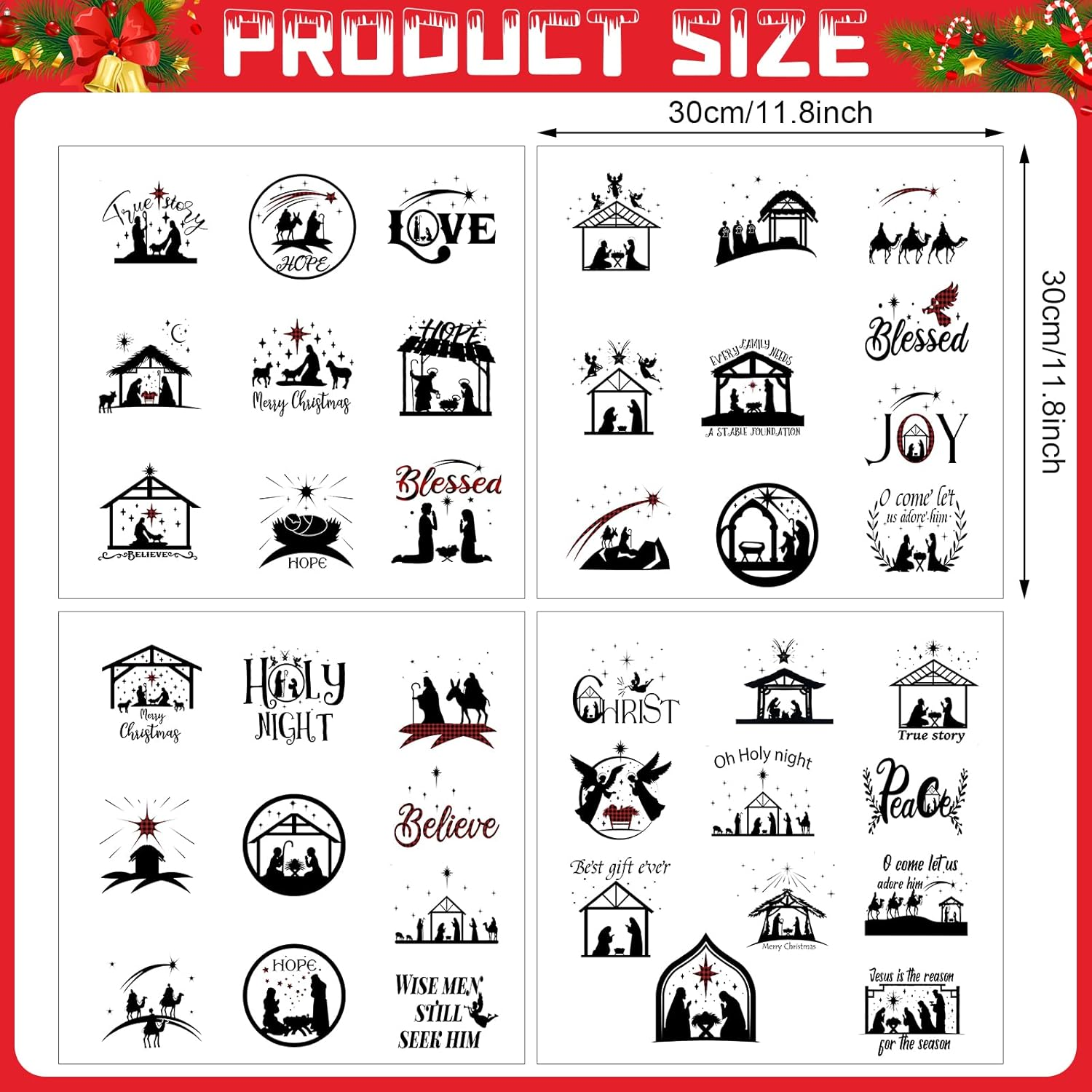 80 Pieces Nativity Mason Jar Vinyl Decals, Manger Scene Stickers, Santa Wreath Christmas Stickers for Glass Jar, Window, Bottle, Gift Box Decorations, 40 Styles