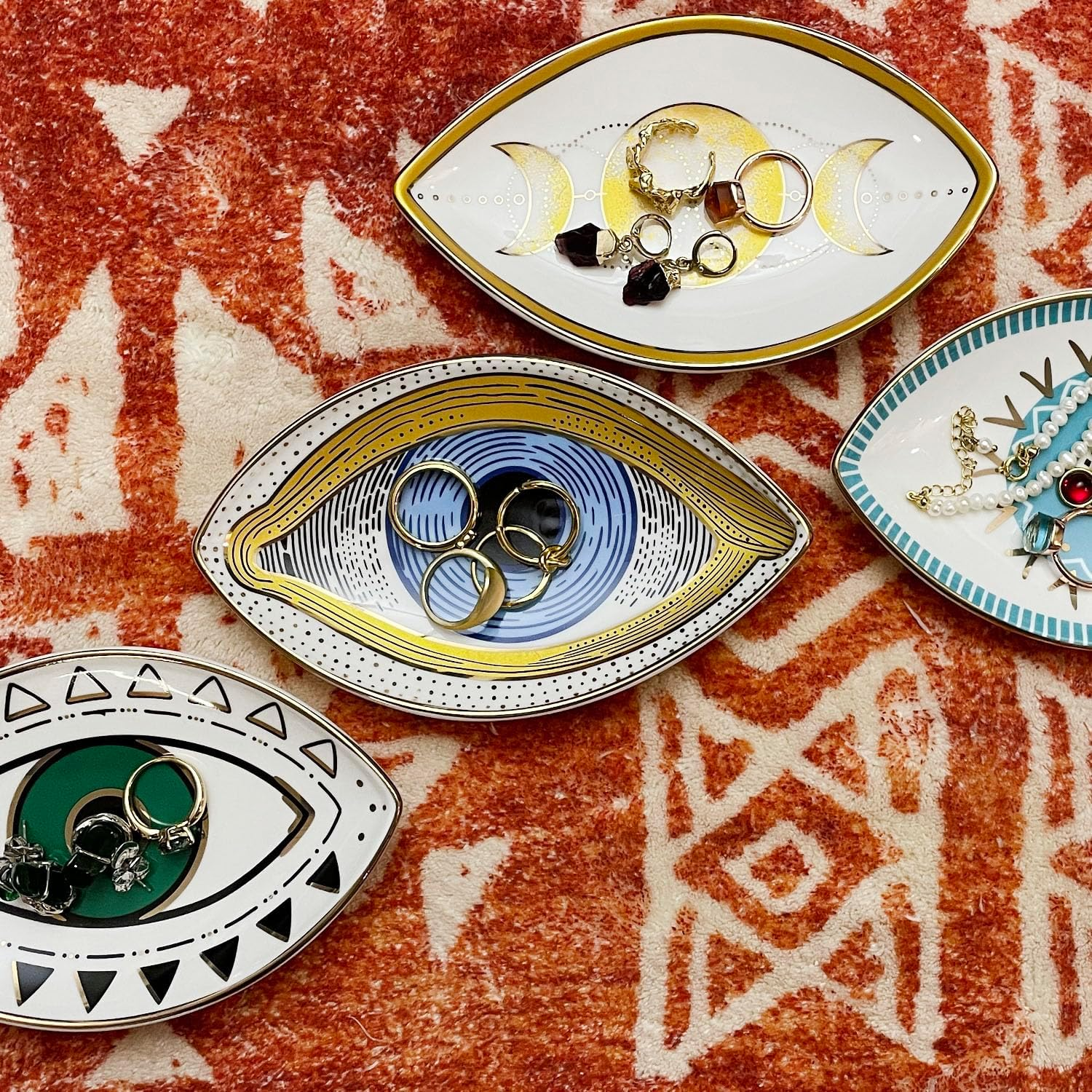 Exquisite Small Ceramic Jewelry Tray - Trinket Dish Evil Eye Decor, Gold Plate Ring Holder, Modern Boho Home Essentials, Perfume Organizer, Witchy, Aesthetic Room Decor, 5.9" X 3.5" (Pharaoh) image number 4