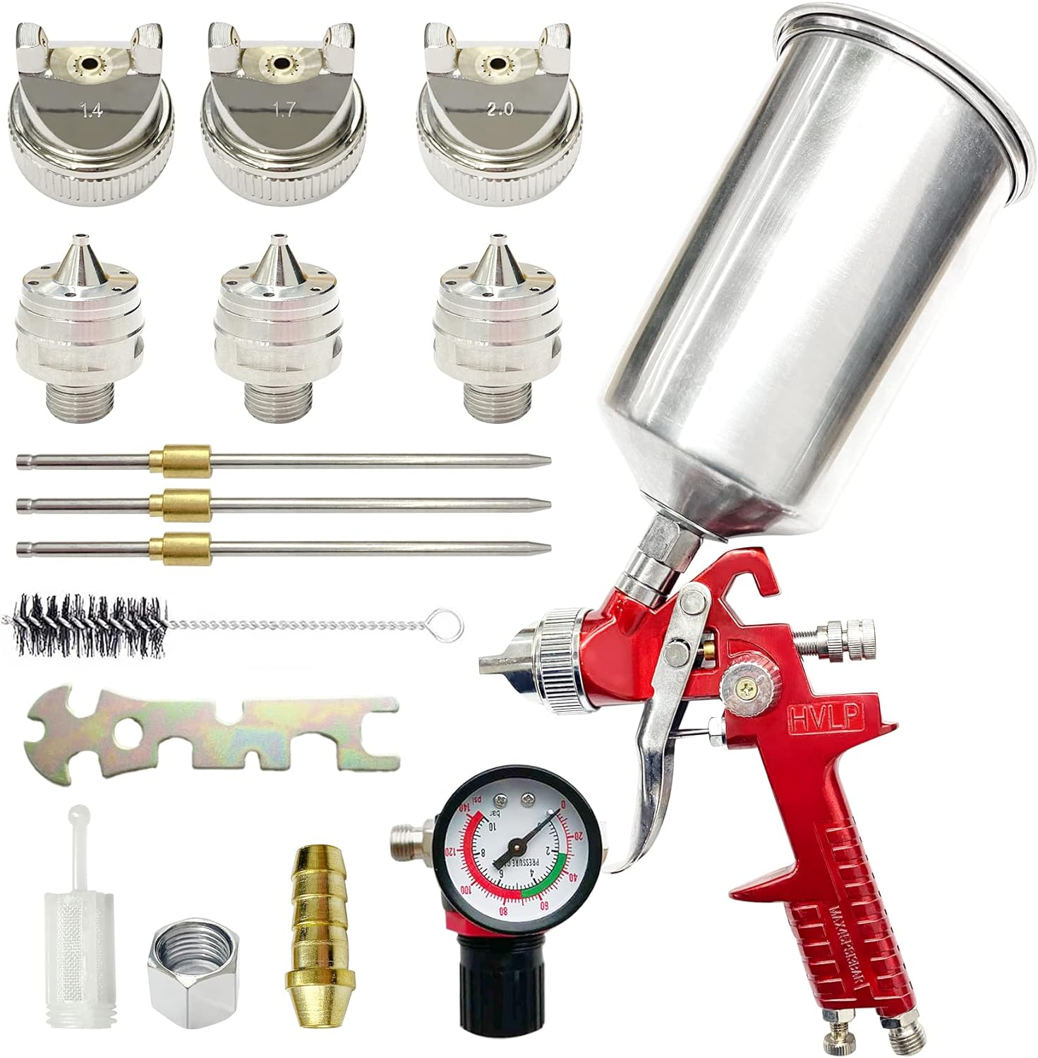 Automotive Paint Spray Gun Set, HVLP Gravity Feed Spray Gun with 1.4Mm 1.7Mm 2.0Mm Nozzles, Paint Gun with 1000Cc Aluminum Cup & Gauge for Auto Paint, Clear/Top Coat & Touch-Up (Blue-B)