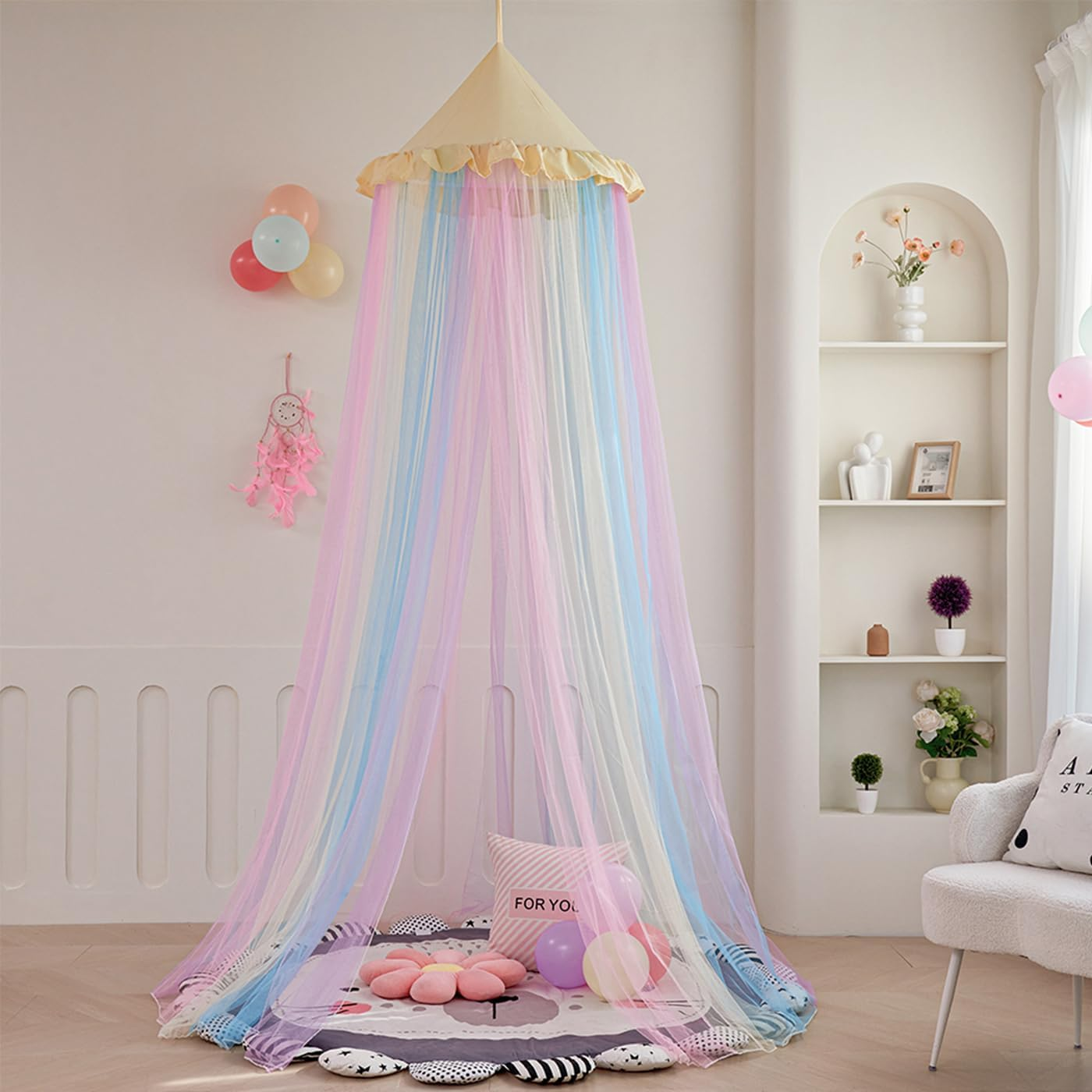 Rainbow Bed Canopy for Girls, Ruffles Mosquito Net with Dust-Proof round Dome Kids Dreamy Princess Bed Canopy Netting Room Crib Bed Curtains Camp Decor Accessories Child Reading Corners Ceiling Tent image number 1