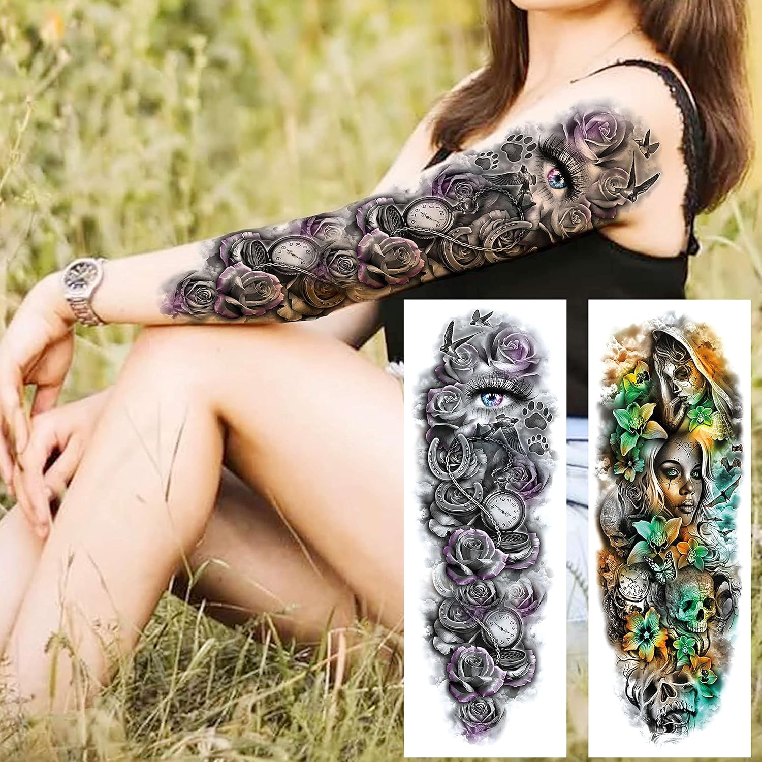 11 Sheets NEZAR Large Vine Peony Flower Rose Full Arm Temporary Tattoos for Women Realistic Skull Skeleton Fake Temporary Tattoo Sleeves Stickers Waterproof Leg Makeup Floral Blossom Tatoos Paper Eye