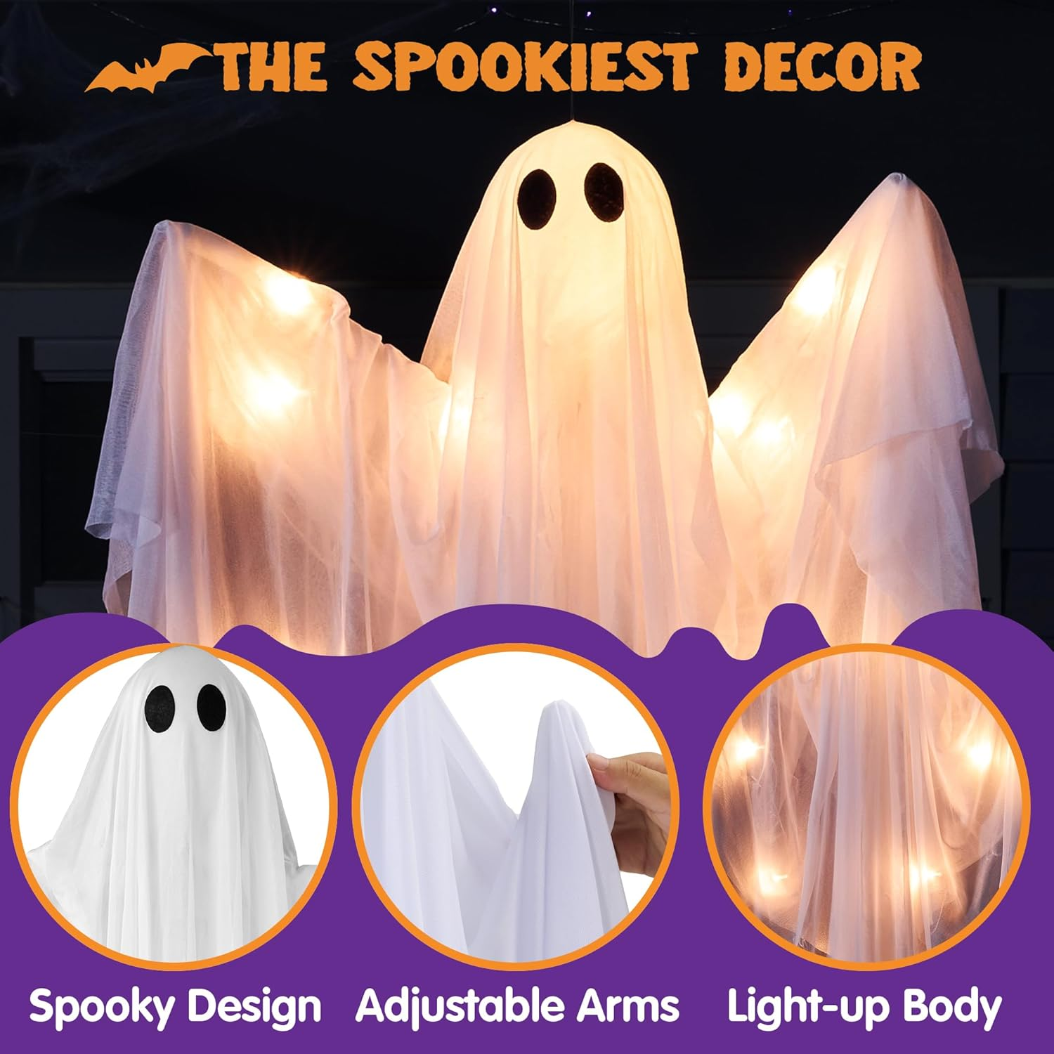 JOYIN Halloween Hanging Light up Ghost with Spooky Warm White LED Light, 47&rdquo; Halloween Hanging Decoration White Ghosts for Front Yard Patio Lawn Garden Party Decor Indoor Outdoor image number 1