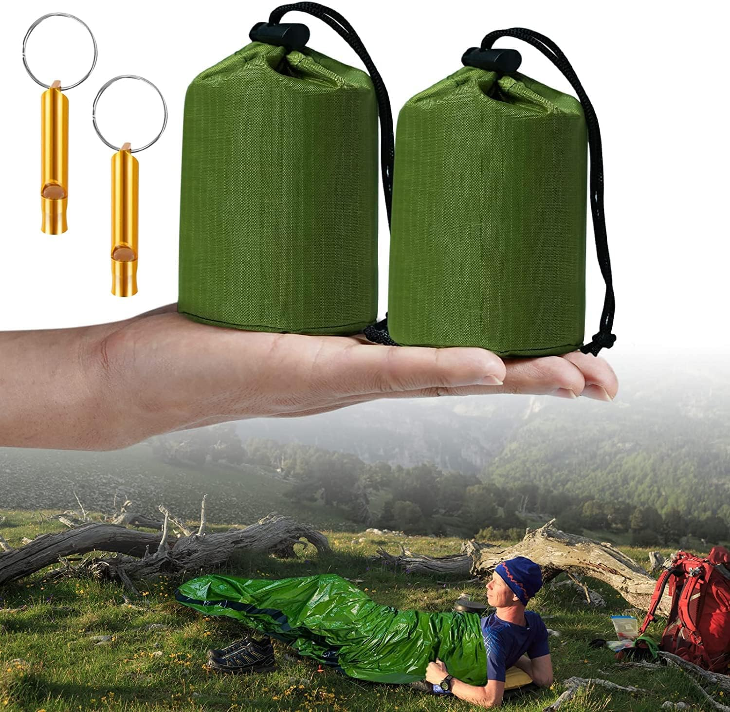 Survival Sleeping Bag, 2Pack Emergency Sleeping Bag Bivvy Bag, Reusable Portable Emergency Rescue Blanket Lightweight Waterproof Thermal Bivy Sack with 2 Whistle for Outdoor Camping