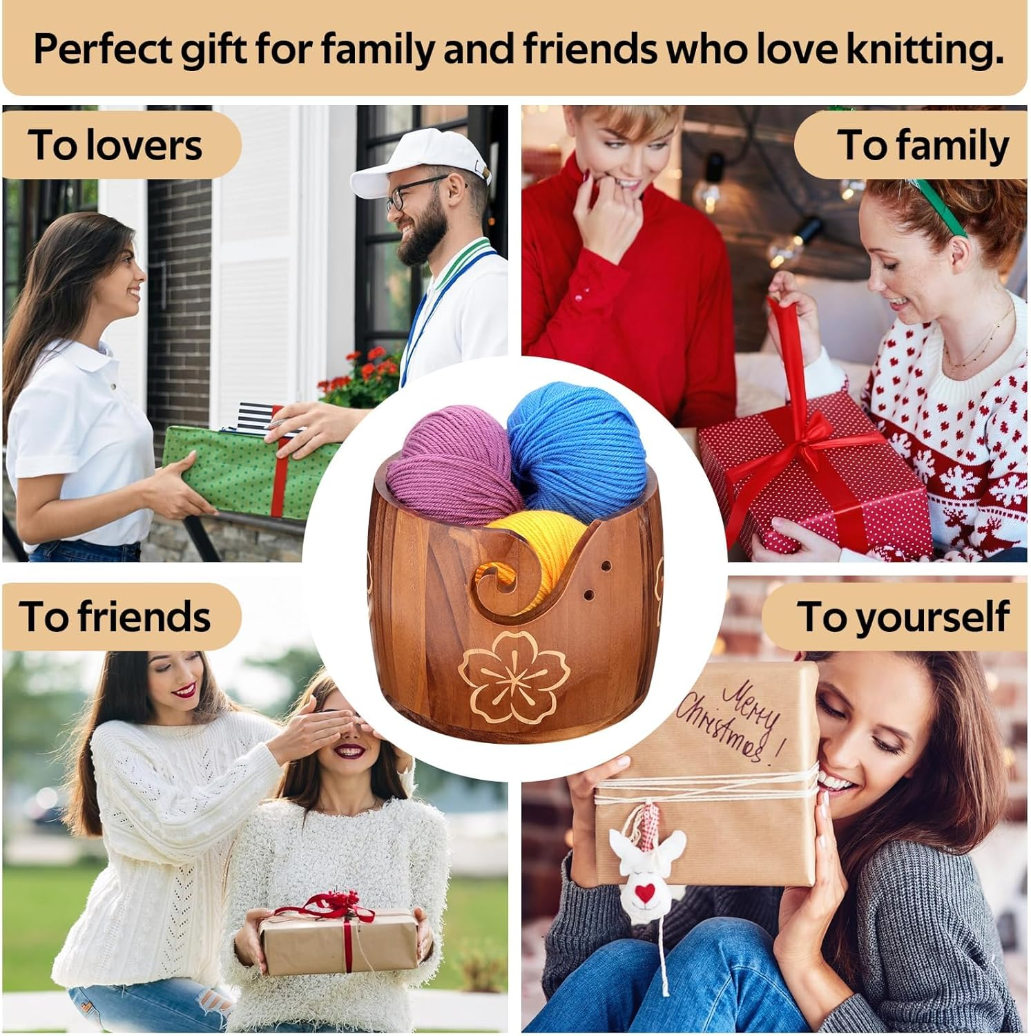 Yarn Bowl Large Size 5''X7'' Pine Wood Unique Design Crochet Bowl for Yarn Holder Knitting Crochet Macrame Craft Supplies, Gift for Knitting Lovers