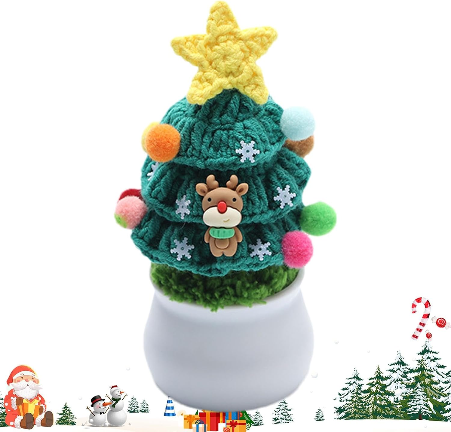 Christmas Tree Table Decor | Knitted Potted Tree Table Decoration with Deer | Winter Decoration, Art Craft for Holiday Home Tabletop Decor image number 2