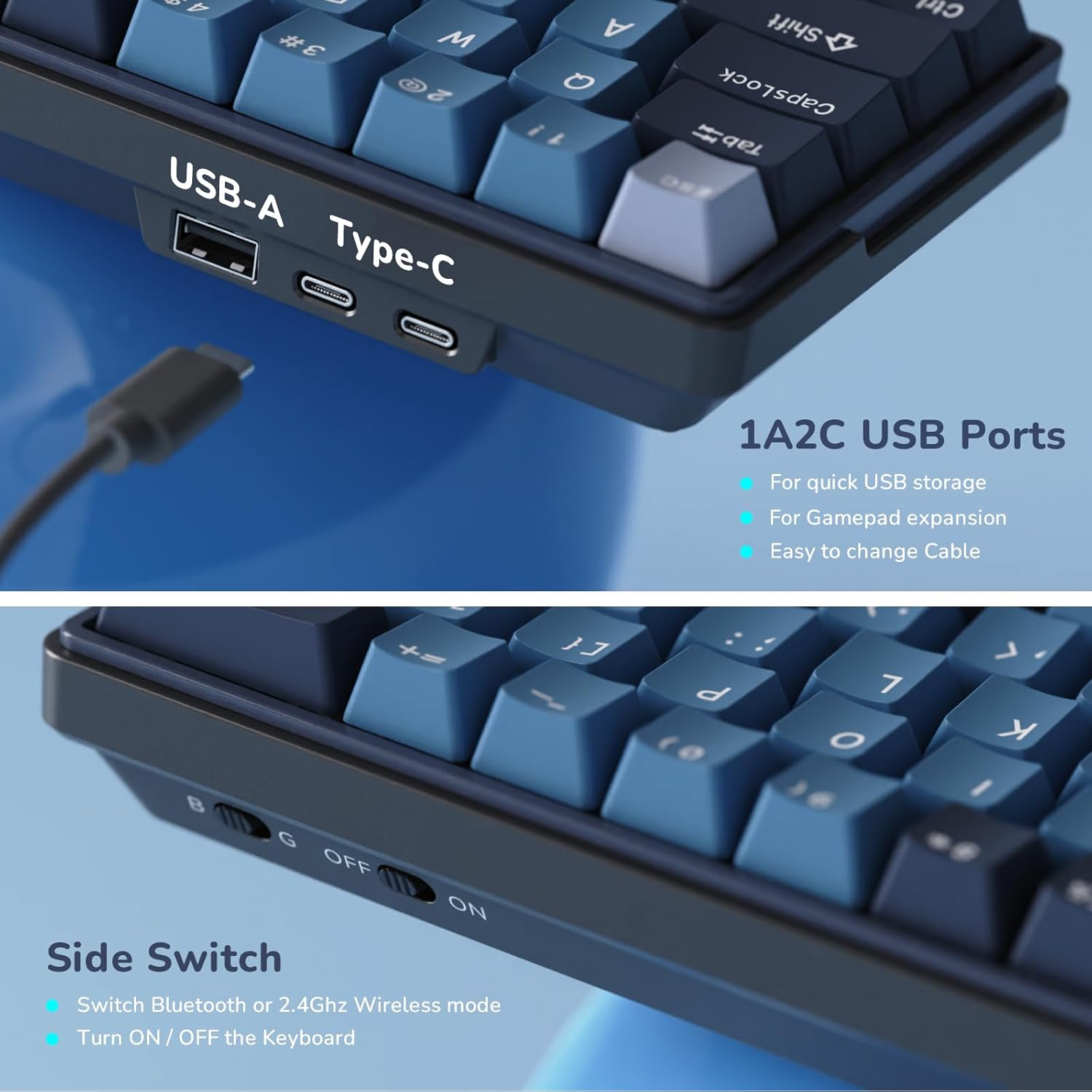 RK ROYAL KLUDGE RK61 plus Wireless Mechanical Keyboard, 60% RGB Gaming Keyboard with USB Hub, Hot Swappable Computer PC Keyboards with Bluetooth/2.4G/Wired Modes, Silver Switches,Blue image number 1