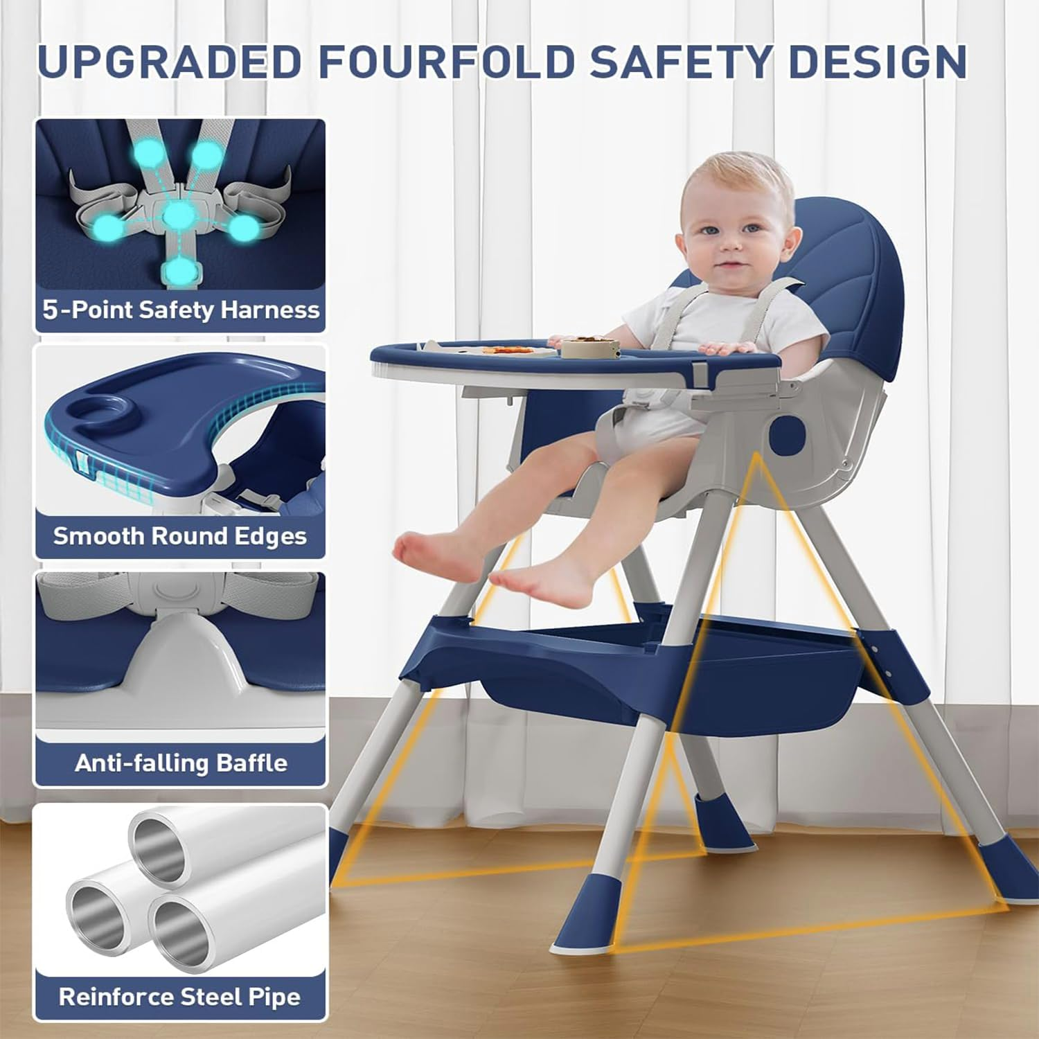 Baby High Chair for Babies and Toddlers with 360 Degree Rotatable Wheels 6 in 1/3 in 1 Foldable and Portable Children'S Highchair Suitable for Babies of All Ages to Grow up (Navy Blue) - Bear Grey image number 5