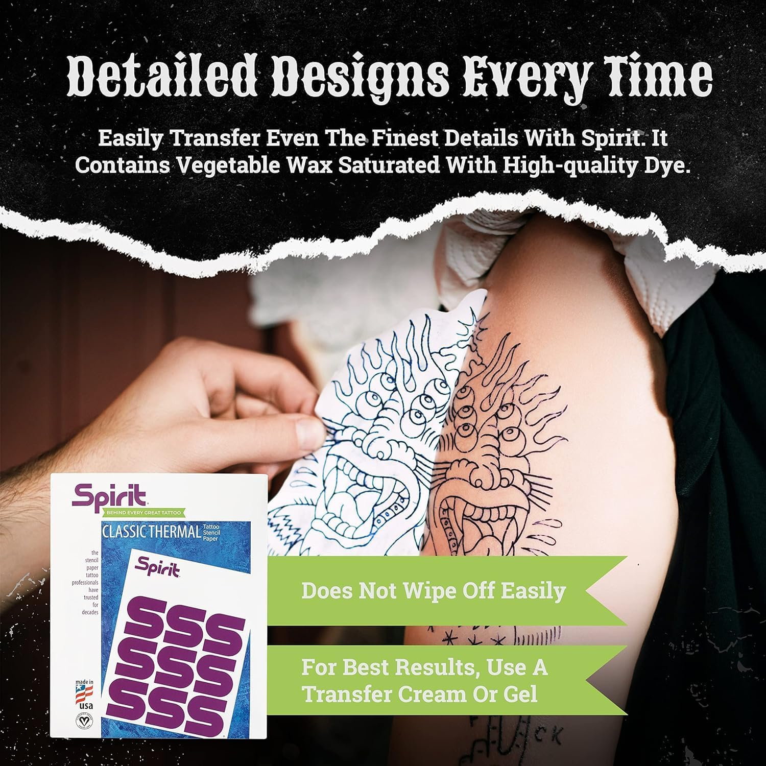 Spirit&reg; Freehand Tattoo Transfer Paper - 8.5" X 11"- A4 Size Freehand Tattooing Stencil Paper Certified Vegan with Vegetable Wax Easy Transfer Tattoo Paper (100 Sheets), Proudly Made in the USA image number 6