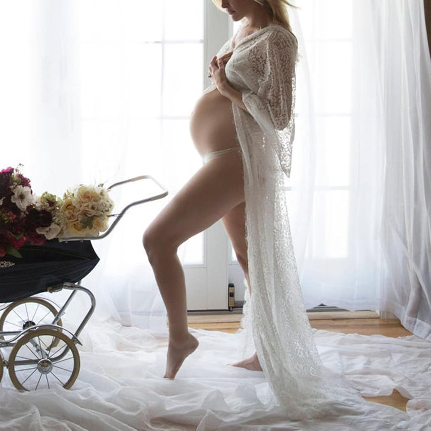 Uneedvog Maternity Dress for Photoshoot Lace Drawstring Pregnancy Clothes V-Neck Long Sleeves Maternity