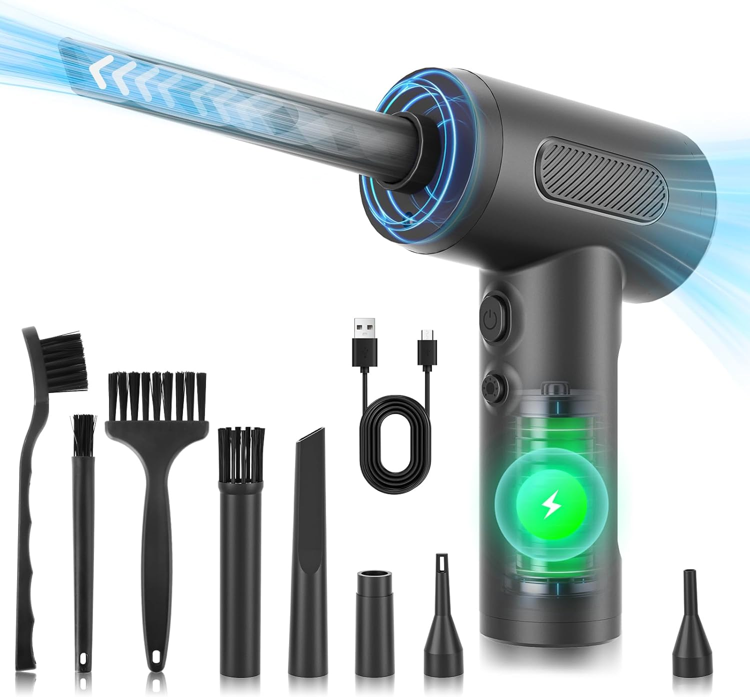 Compressed Air Duster, Rechargeable Electric Air Duster for PC with Led Light, 3 Speeds Max 91000RPM Cordless Air Blower for Keyboard Laptop Car Office Sofa image number 2