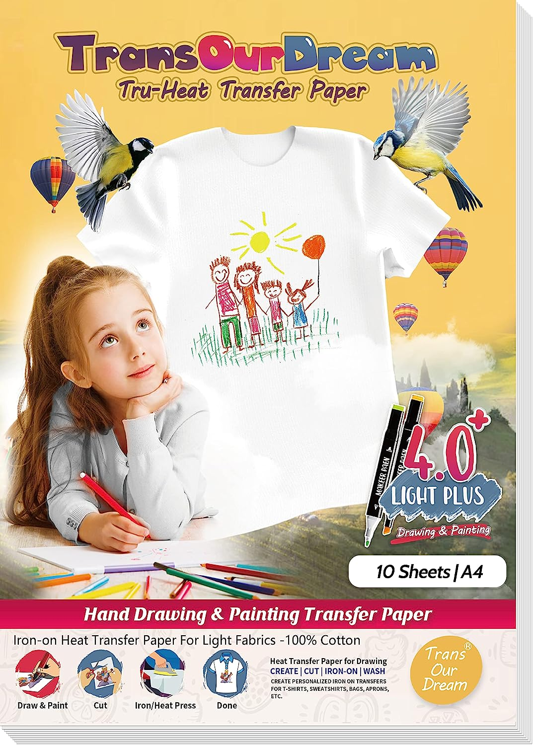 Transourdream Draw Iron on Heat Transfer Paper for T Shirts (10 Sheets A4, Dark 4.0 Plus) Drawable HTV Heat Transfer Vinyl for Inkjet Printer DIY Iron on Transfers for T Shirts (TRANS-D4-20)