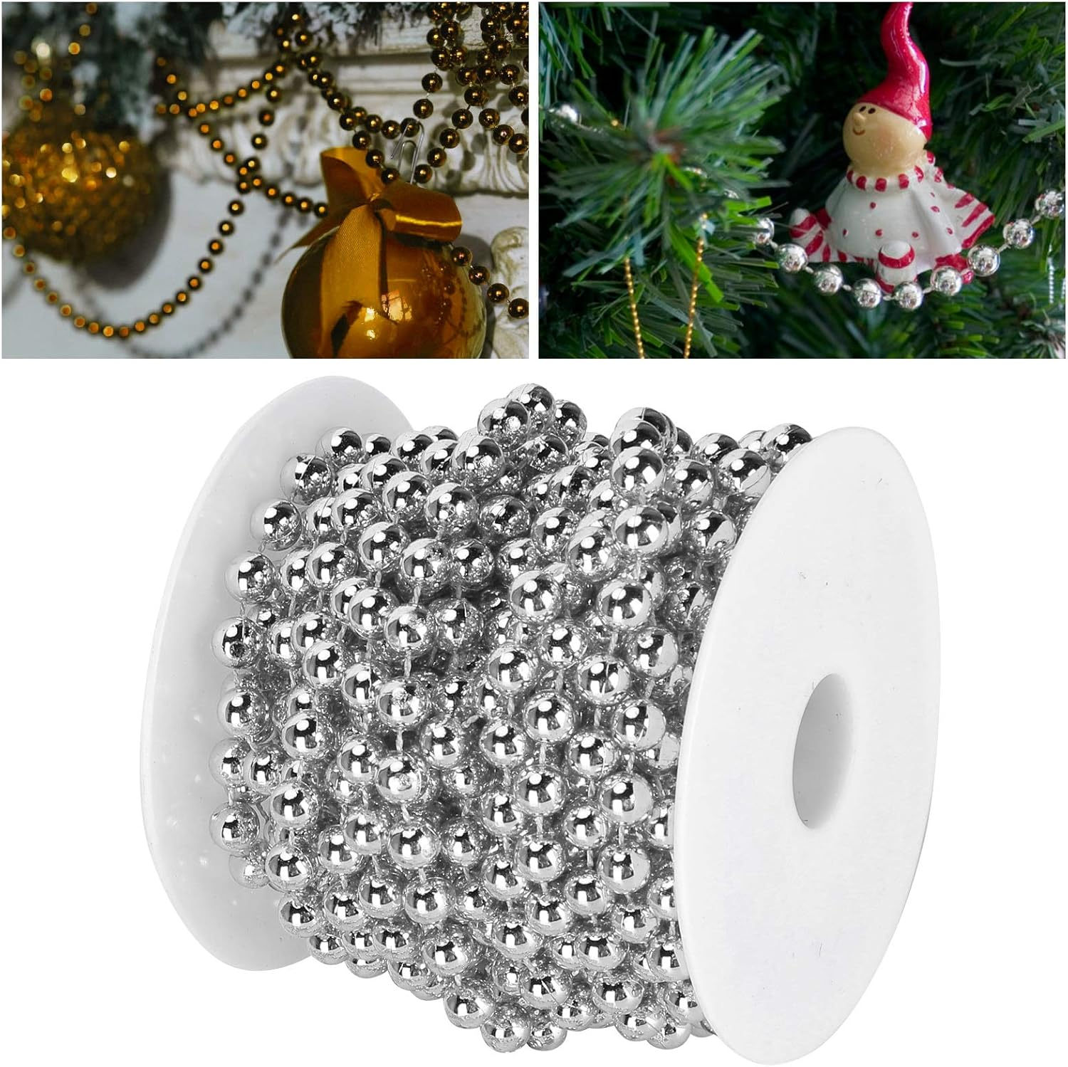 8Mm Silver Bead Hanging String, Silver Plastic Beads on String, Silvery Hanging Beads Garland for Christmas Decoration Wedding Party (10 Meter/Rollsilver) - Gold image number 5