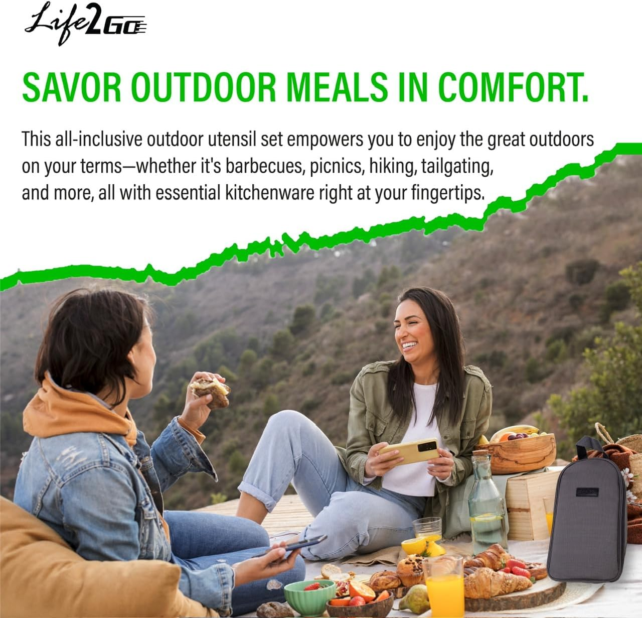 Camp Cooking Utensil Set & Outdoor Kitchen Gear Cookware Kit, Portable Compact Carry Case for Camping, Hiking, Travel, BBQ Grilling Stainless Steel Accessories Spoon & Fork image number 2