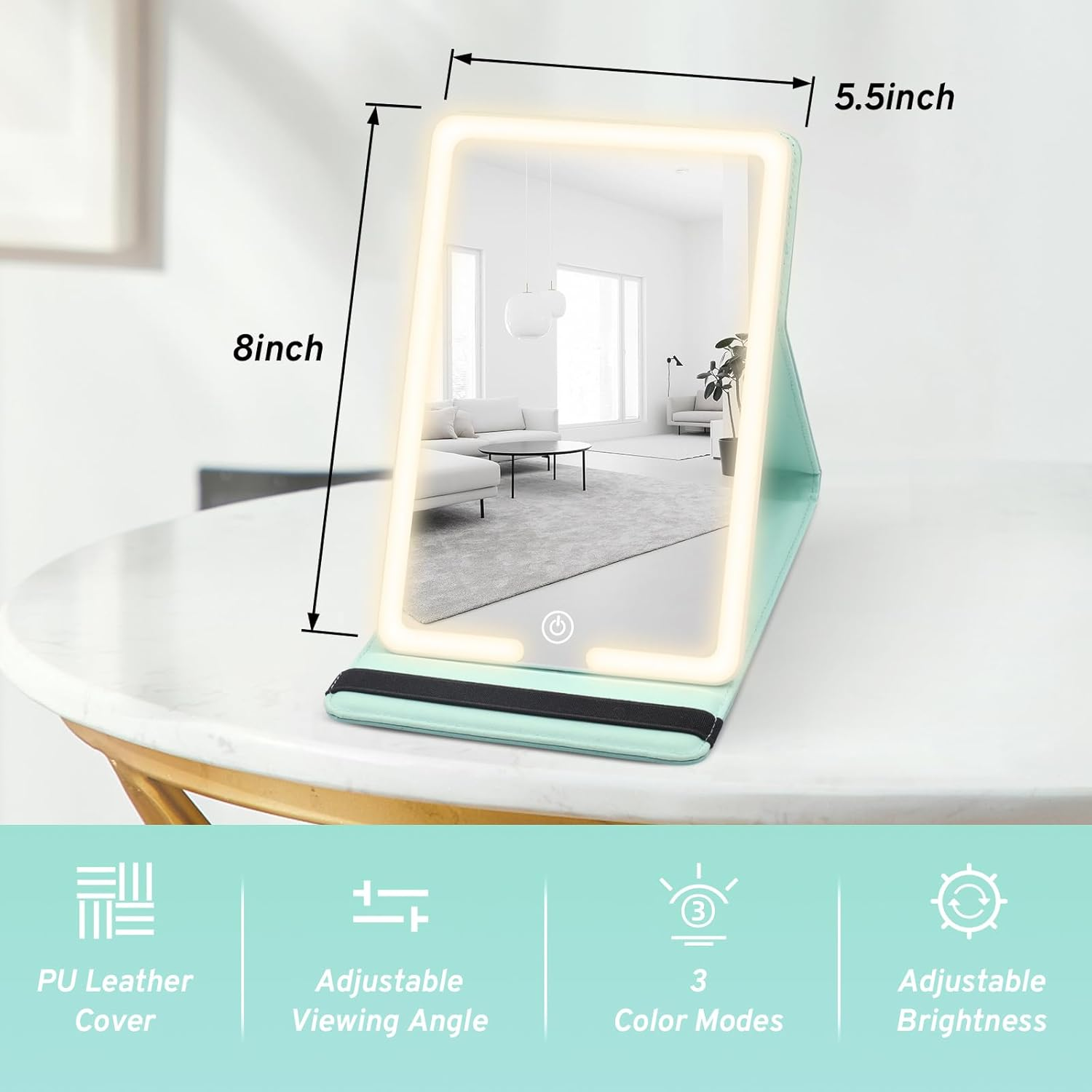 Travel Makeup Mirror with Lights, Lighted Travel Mirror with PU Leather Cover, 1500Mah Battery 3-Color Light Modes Dimming LED Light up Vanity Cosmetic Mirror of 8X 5.5Inch for Travel, Home, Office
