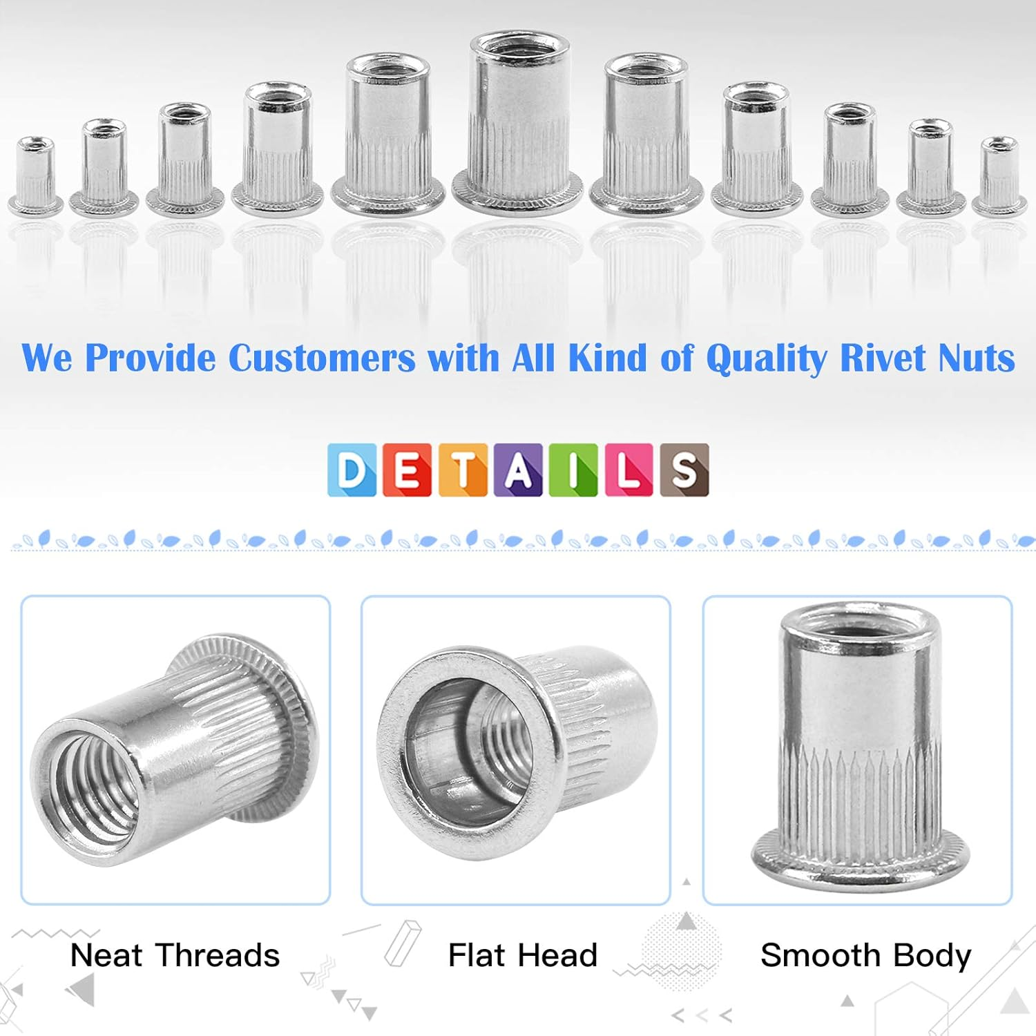 Glarks 30Pcs 5/16''-18 UNC 304 Stainless Steel Rivet Nuts Flat Head Threaded Insert Nutserts Rivnuts Set image number 4