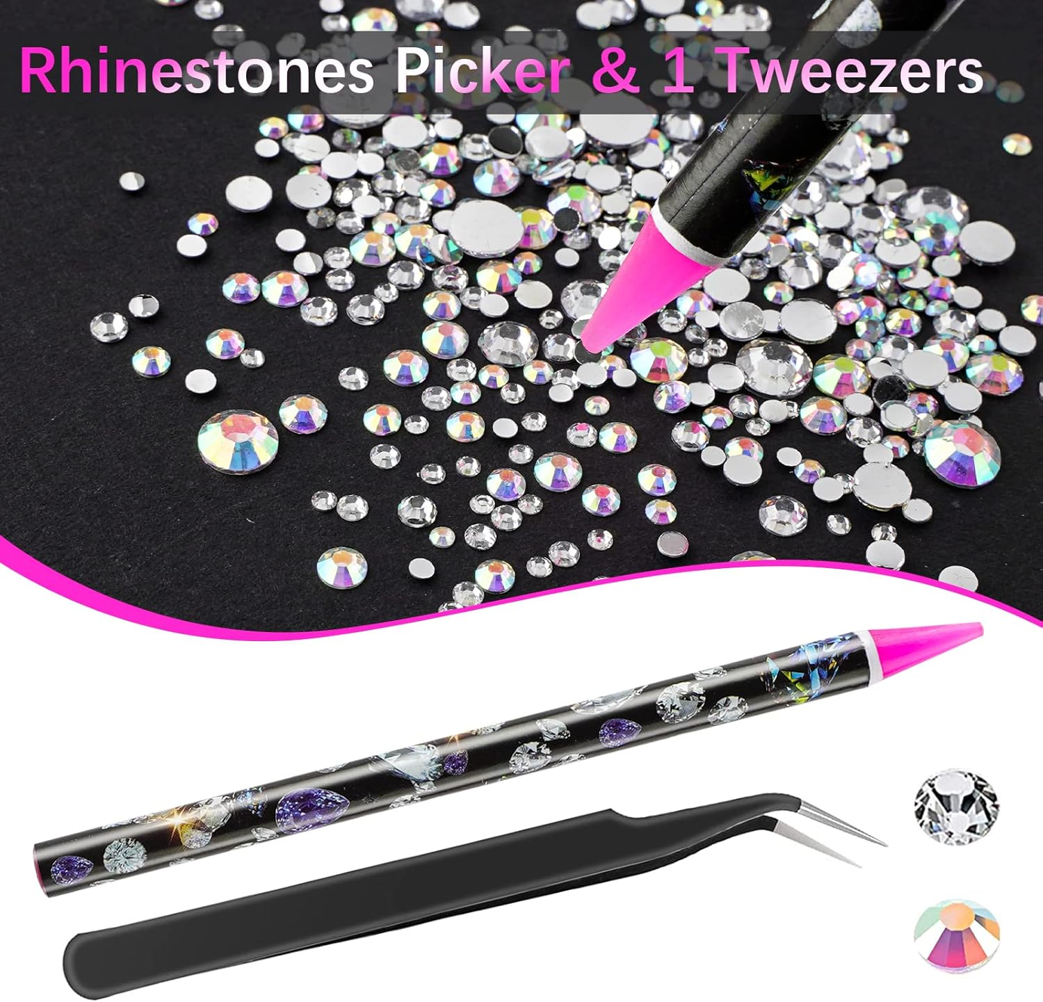 Canvalite Rhinestones 1500PCS in 6 Sizes Flat Back Nail Gems, Crystal AB Rhinestones Nail Art Gems with Pick up Tweezers and Rhinestone Picker Dotting Pen, Nail Rhinestones for Nails, Makeup, Clothes, Face, Craft By image number 6