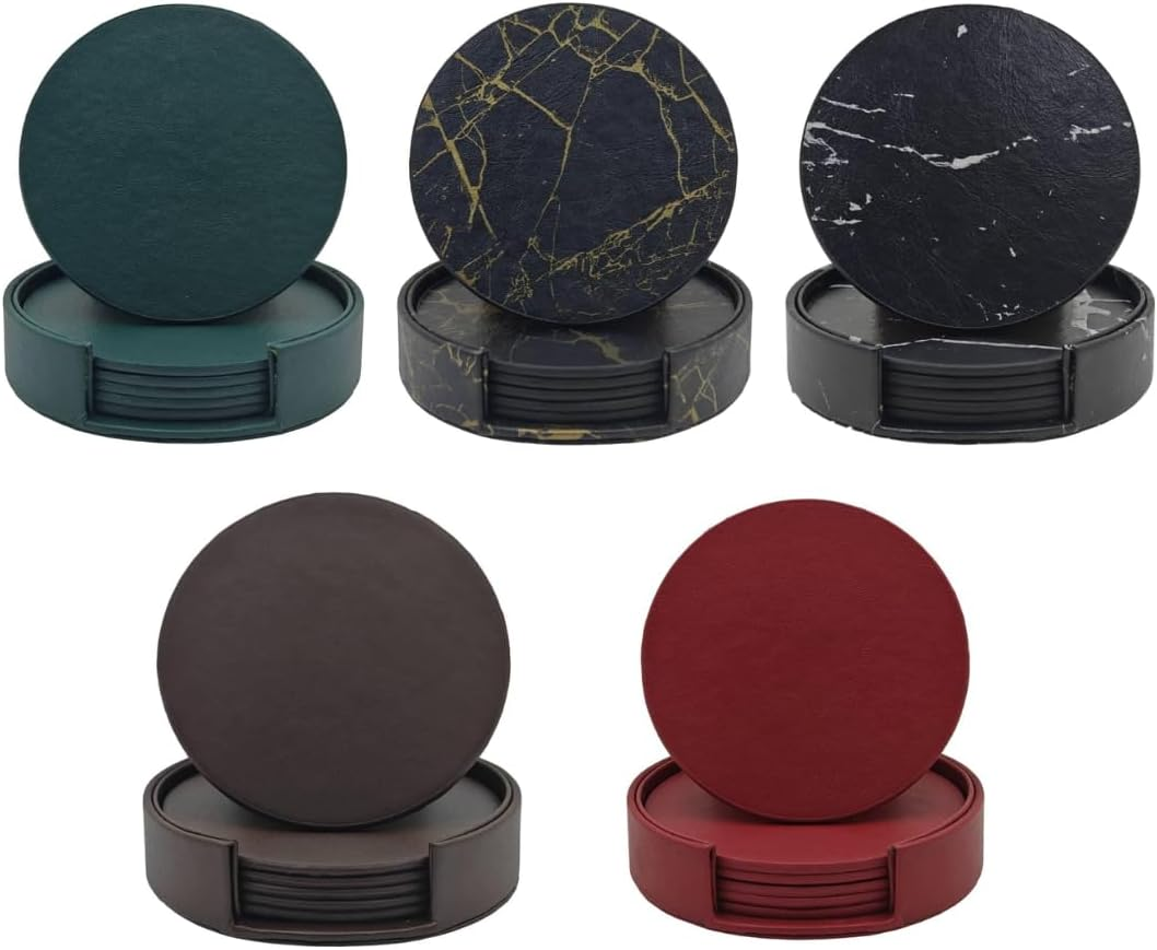 Vmila Leather Coasters for Drinks, 4" Drink Coasters Set of 6 with Holder for Tabletop Protection, Handmade Luxurious Home D&eacute;cor and Housewarming Gift (White Gold Marble Coaster) - White image number 3