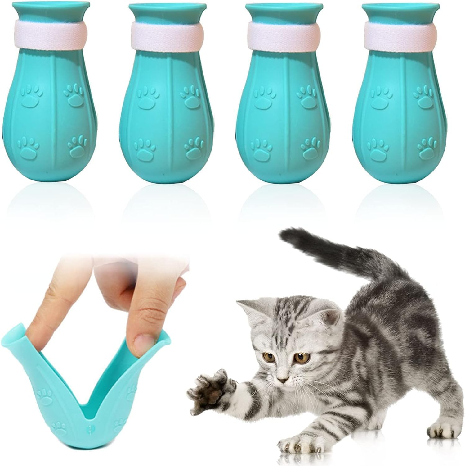 Anti-Scratch Cat Shoes 4 Pack, Pet Supplies Scratch Deterrent Booties, Grooming Accessories Silicone Nail Gloves, Adjustable Claw Cover for Bathing Shaving Checking Treatment (Blue) image number 2