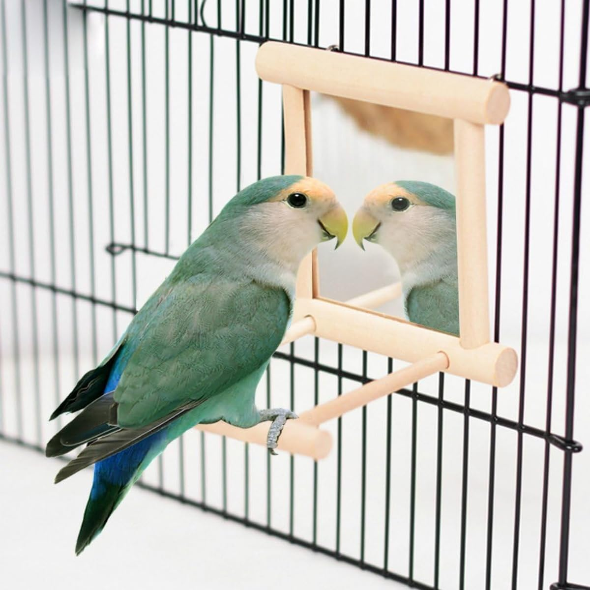 Wooden Bird Cage Mirror with Perch Stand, Interactive Parrot Mirror Toy for Small and Medium Birds, Durable Wood Frame, Ideal Birdcage Accessories for Parrots, Finches, and Budgies image number 2