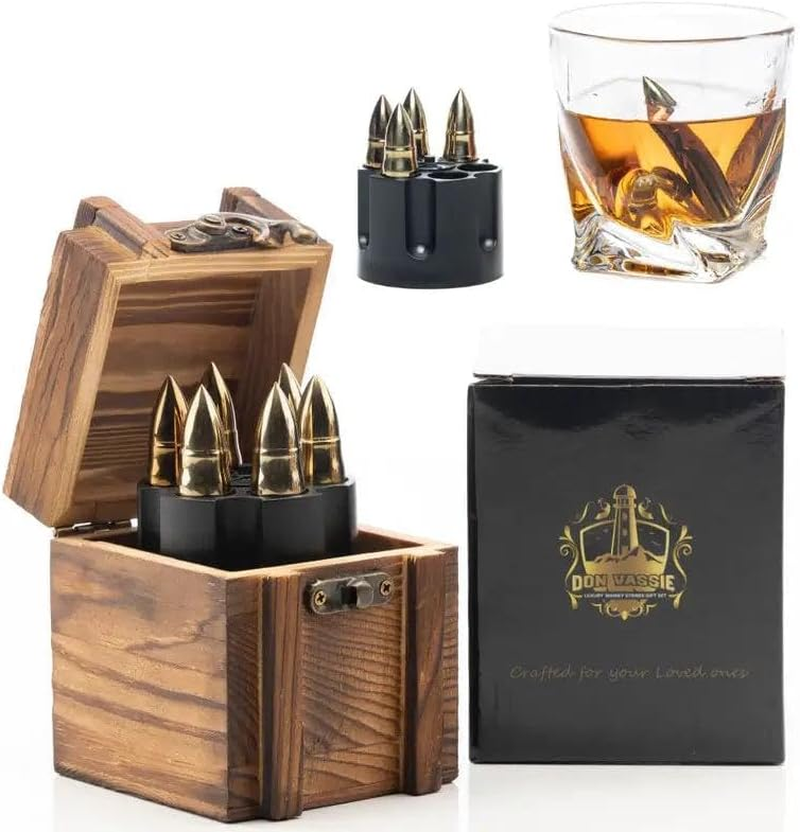 Don Vassie XL Whisky Bullet Chillers 6 Pcs Golden with a Revolver Base and a Wooden Box image number 3