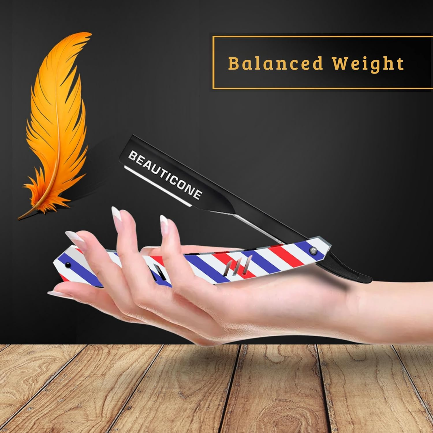 BEAUTICONE Professional Straight Razor for Men with 100 Single Edge Blades | Slide-Out Design (Barber Pole) image number 3