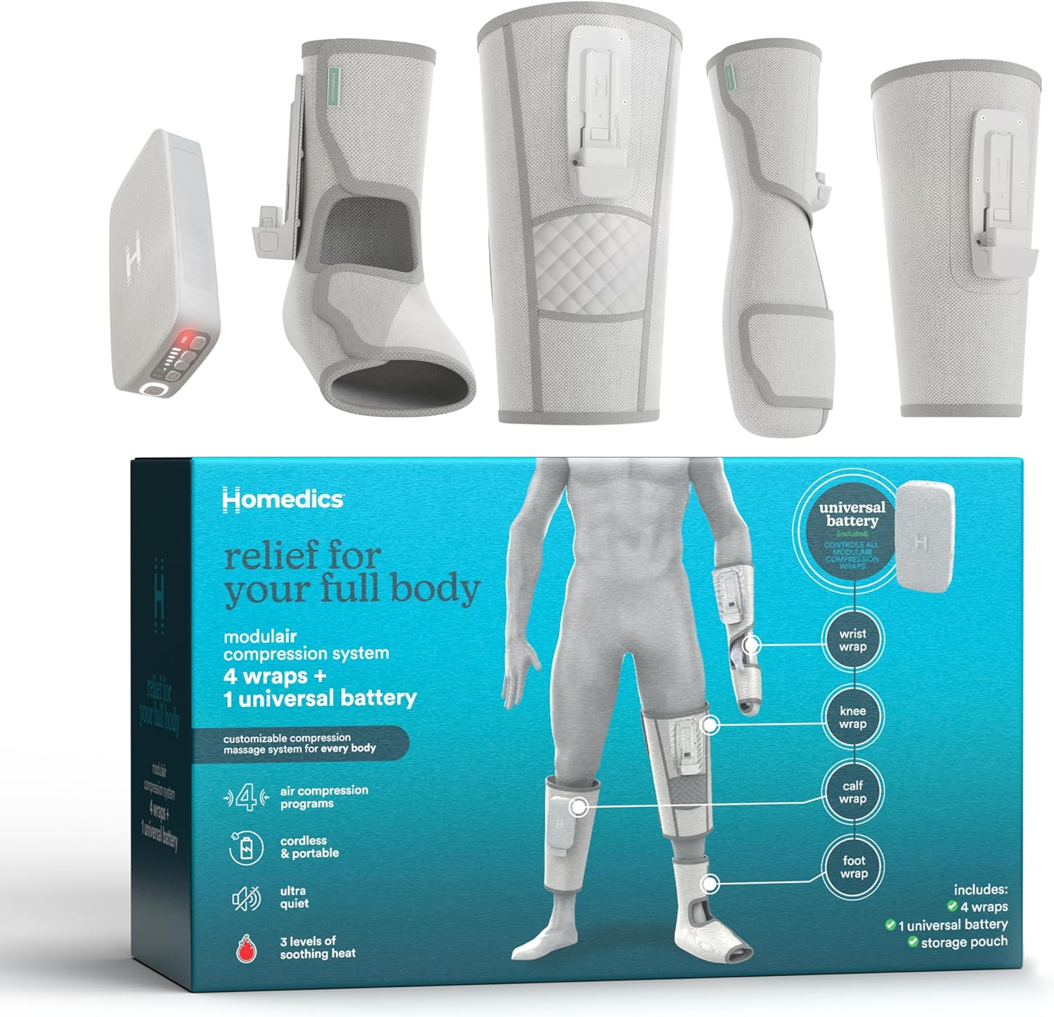 Muscle Relaxation, Cordless, Portable, Knee Care, Homedics Modulair Compression Knee Wrap Massager &ndash; Overlapped Compression Therapy with 4 Programs, Adjustable Intensity, Heat Settings image number 2