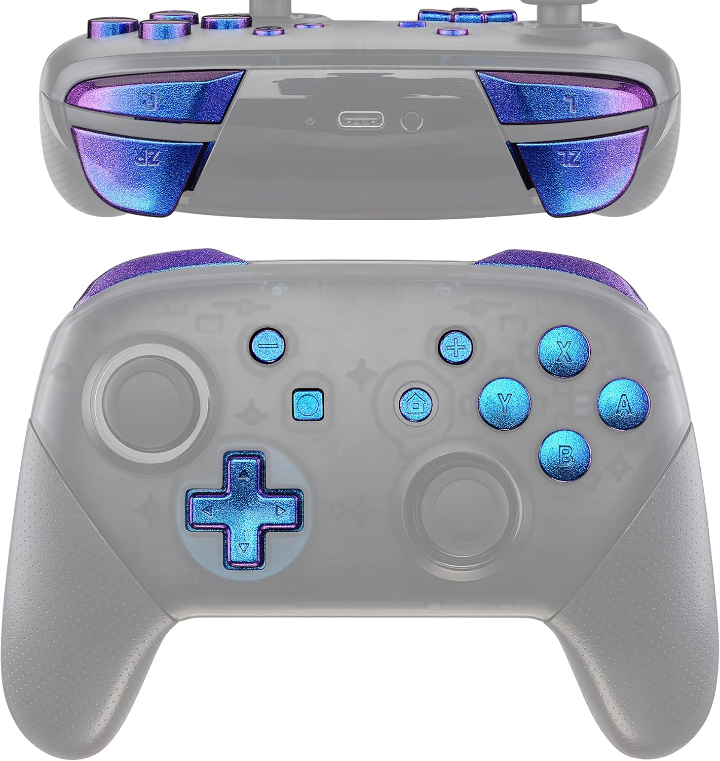 Extremerate Purple Blue Chameleon Repair ABXY D-Pad ZR ZL L R Keys for Nintendo Switch Pro Controller, DIY Replacement Full Set Buttons with Tools for Nintendo Switch Pro - Controller NOT Included - Chameleon Purple Blue image number 4