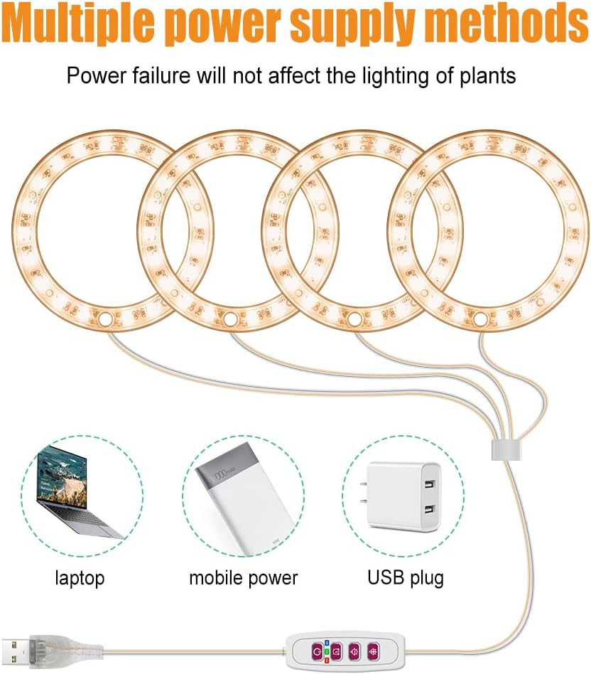 Angel Ring Grow Light DC5V USB Phytolamp for Plants Led Full Spectrum Lamp (Sun Light, 4 Heads) image number 3