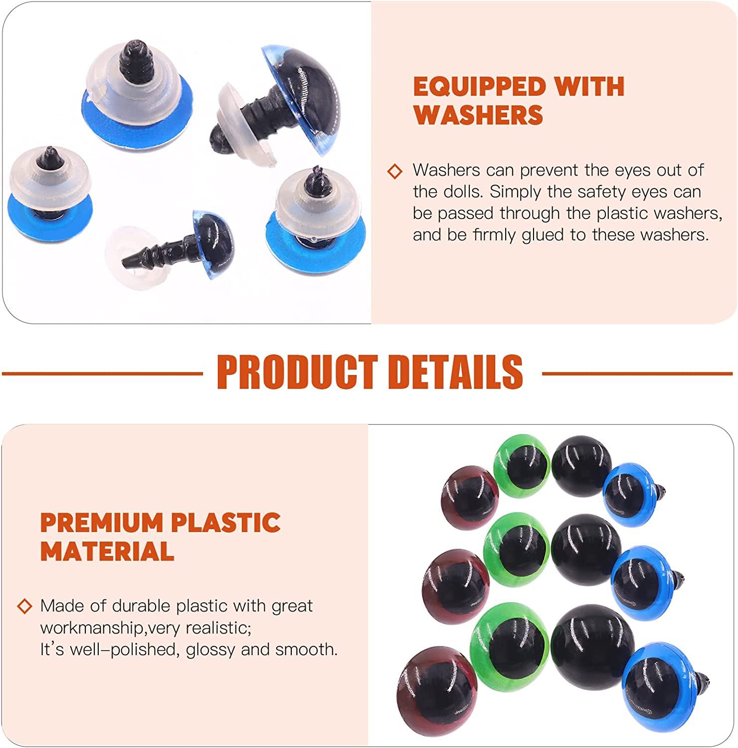 Tanstic 224Pcs Plastic Safety Eyes with Washers 4 Color Craft Doll Eyes for Doll Animal Crafts, Stuffed Crochet Animals (10Mm, 12Mm, 14Mm, 16Mm, 18Mm) image number 5