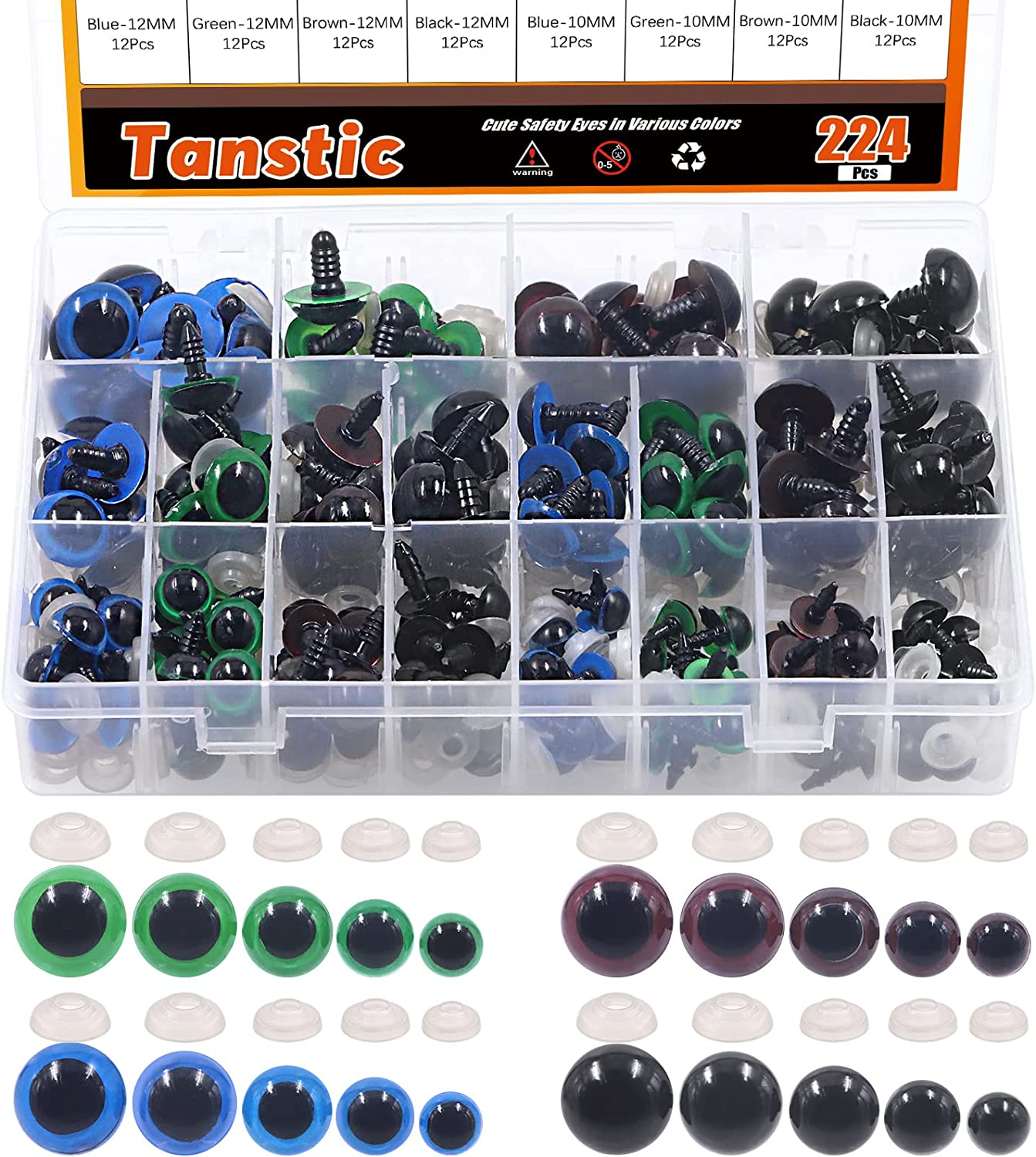 Tanstic 224Pcs Plastic Safety Eyes with Washers 4 Color Craft Doll Eyes for Doll Animal Crafts, Stuffed Crochet Animals (10Mm, 12Mm, 14Mm, 16Mm, 18Mm) image number 4