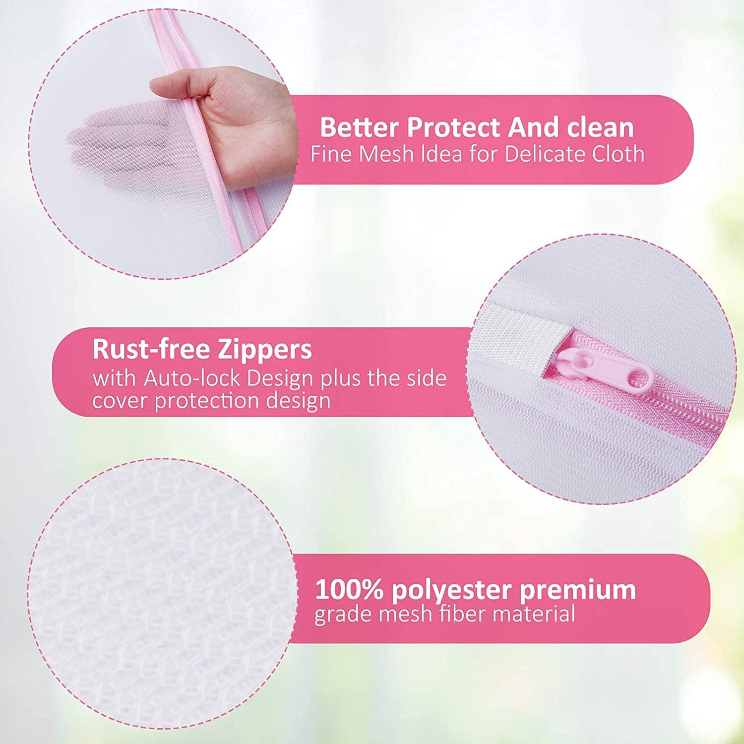 AICONEZ 7Pcs Fine/Coarse Mesh Laundry Bags Washing Bags for Delicates with Premium Zipper Blouse, Bra, Hosiery, Stocking, Underwear, Lingerie Travel Storage Organize Bag (Pink Fine Mesh 7Pcs) image number 3