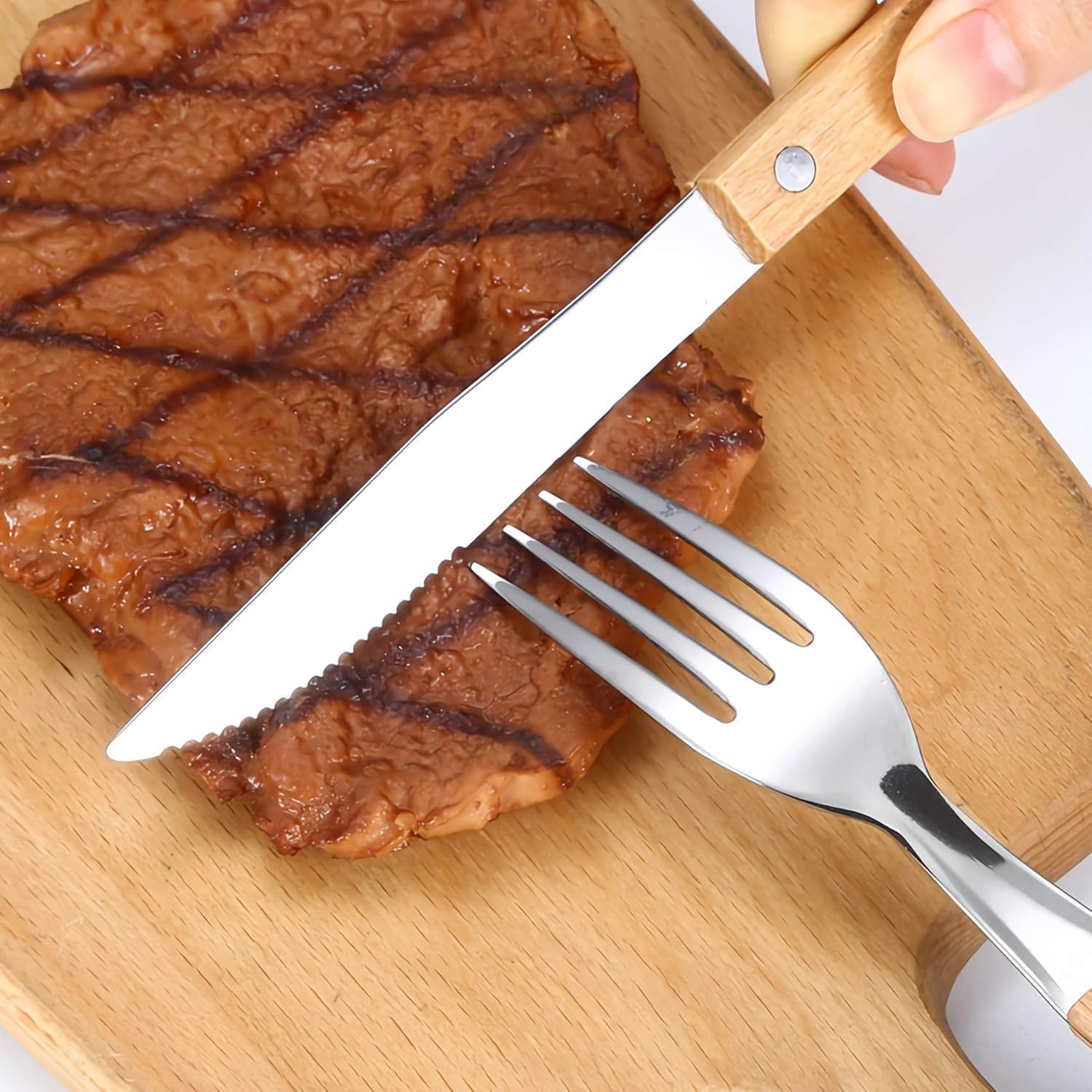 Cutlery Sets of 3, Dinner Spoons, Knife and Fork Set, Stainless Steel with Wooden Wide Handles, Flatware Set Tableware Dinnerware image number 1