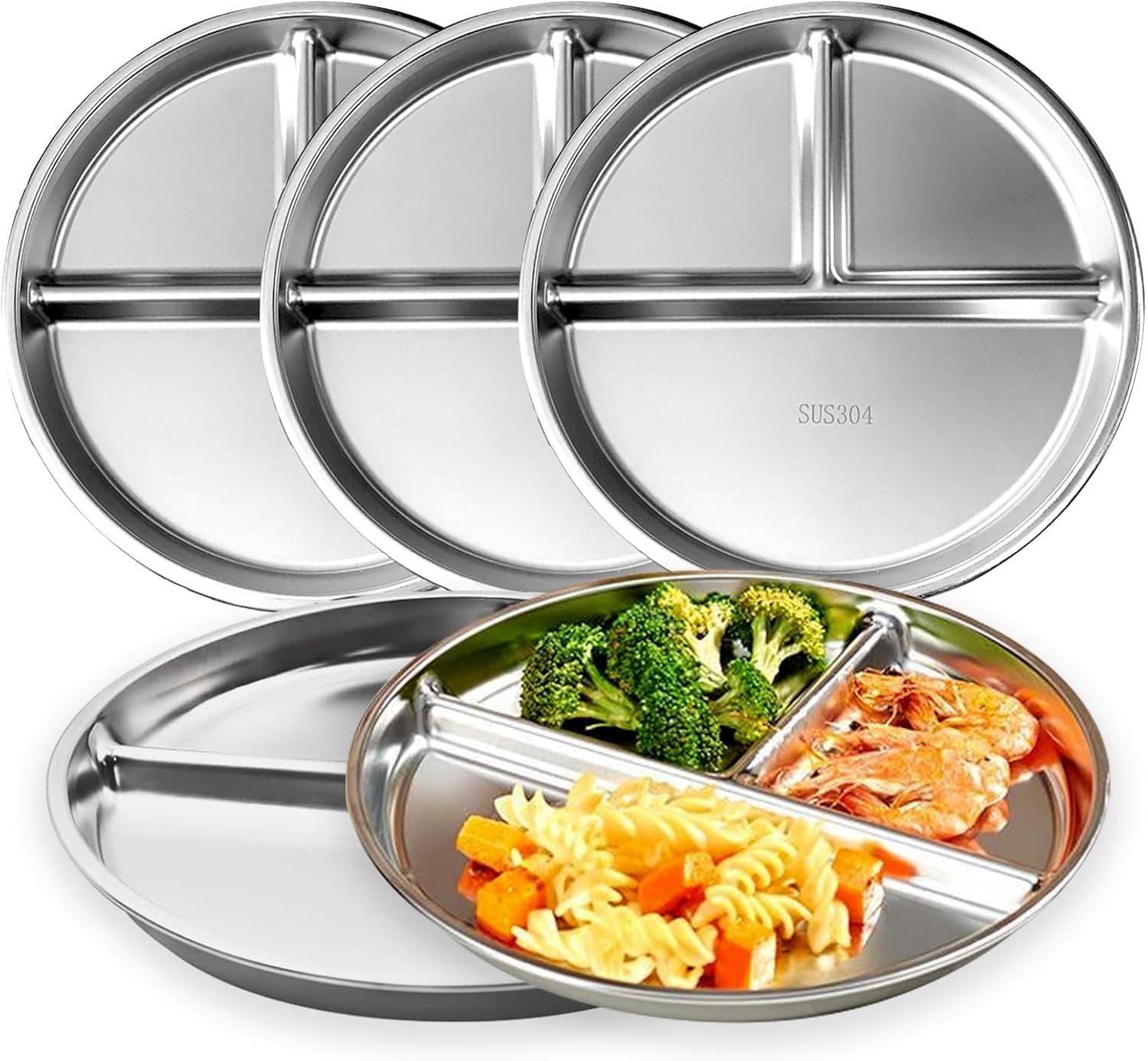Stainless Steel Plates 5 Packs, Portion Control Platter with 3-Compartment, Unbreakable Dinner Plates, Divided Food Tray Stainless Steel Plate for Adults Kids, Camping, Lunch and Dinner image number 1
