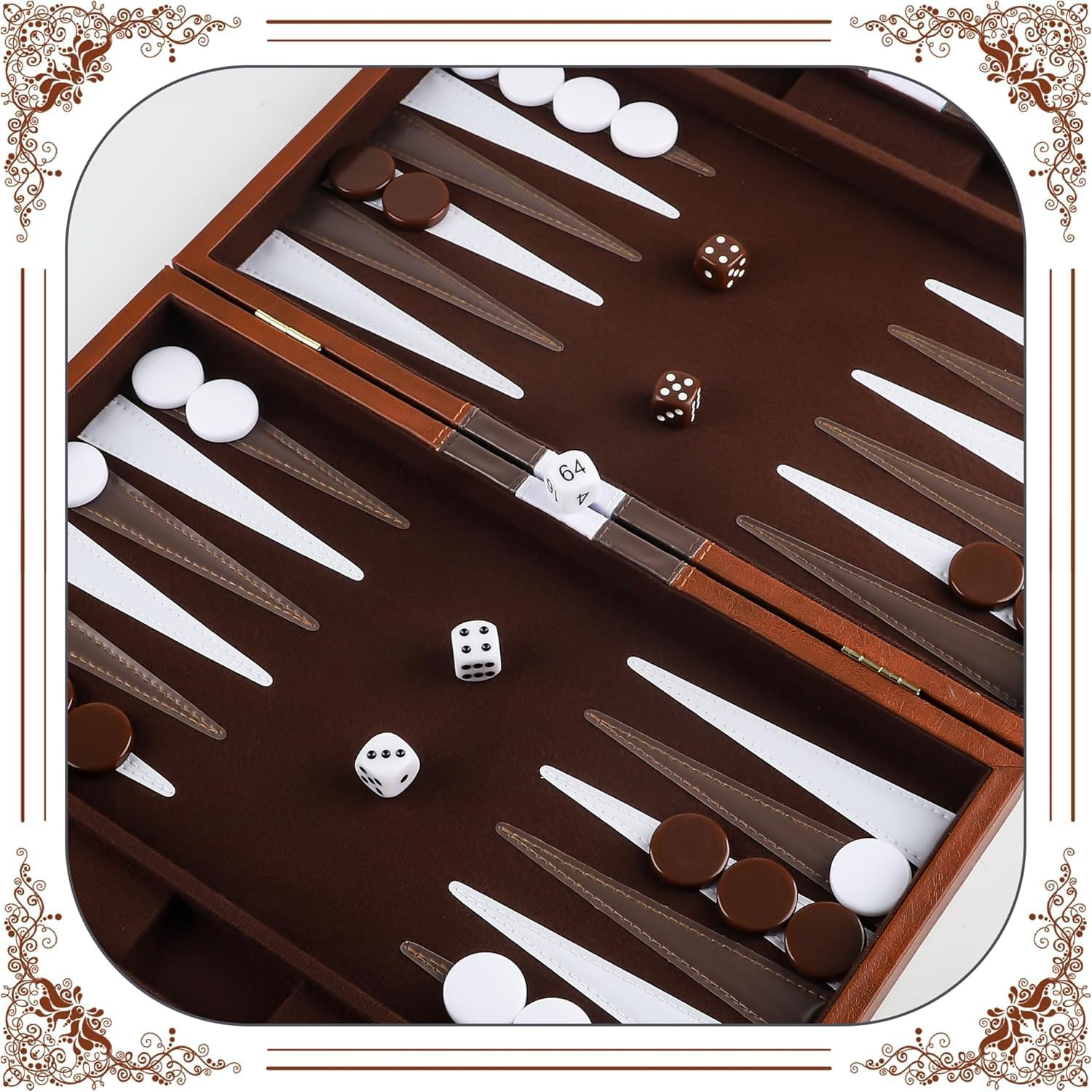 Backgammon Set, 38 CM Travel Backgammon Set with Premium Leather Case(Adults and Kids with Strategy & Guide)-Brown image number 4