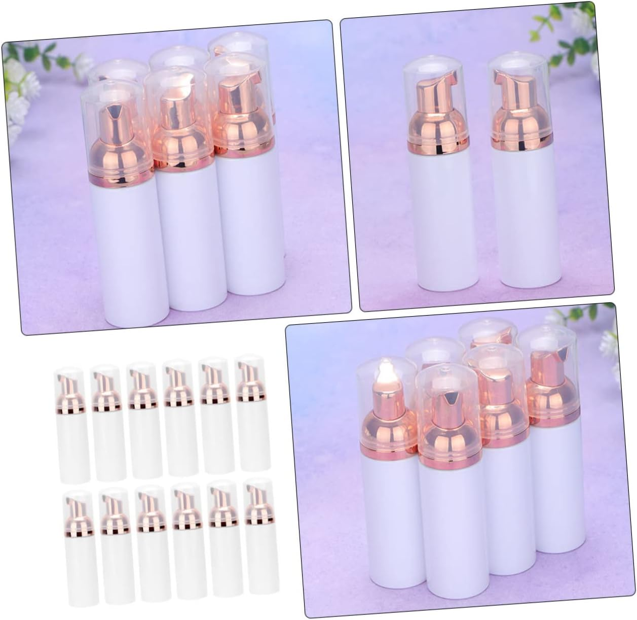 12Pcs 30Ml Refillable Pet Foaming Pump Bottles Portable Facial Cleanser Dispenser for Travel Toiletries with White Bottles and Rose Gold Pumps image number 6