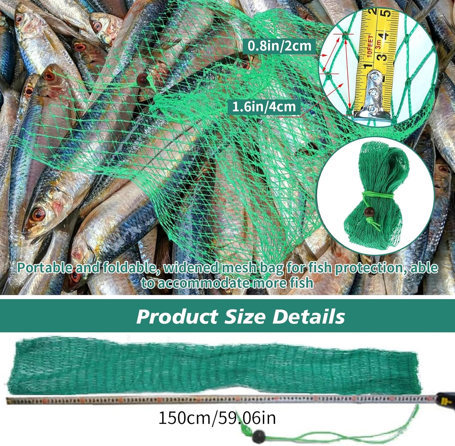 Fishing Net Bags, Folded Fishing Bait Trap Net, Drawstring Fish Storage Mesh, Foldable Fish Keep Net Diving Bags, Long Fishing Mesh, Length Trap Net for Shrimp, Shrimp, Crabs, Lobster (1.5M) image number 3