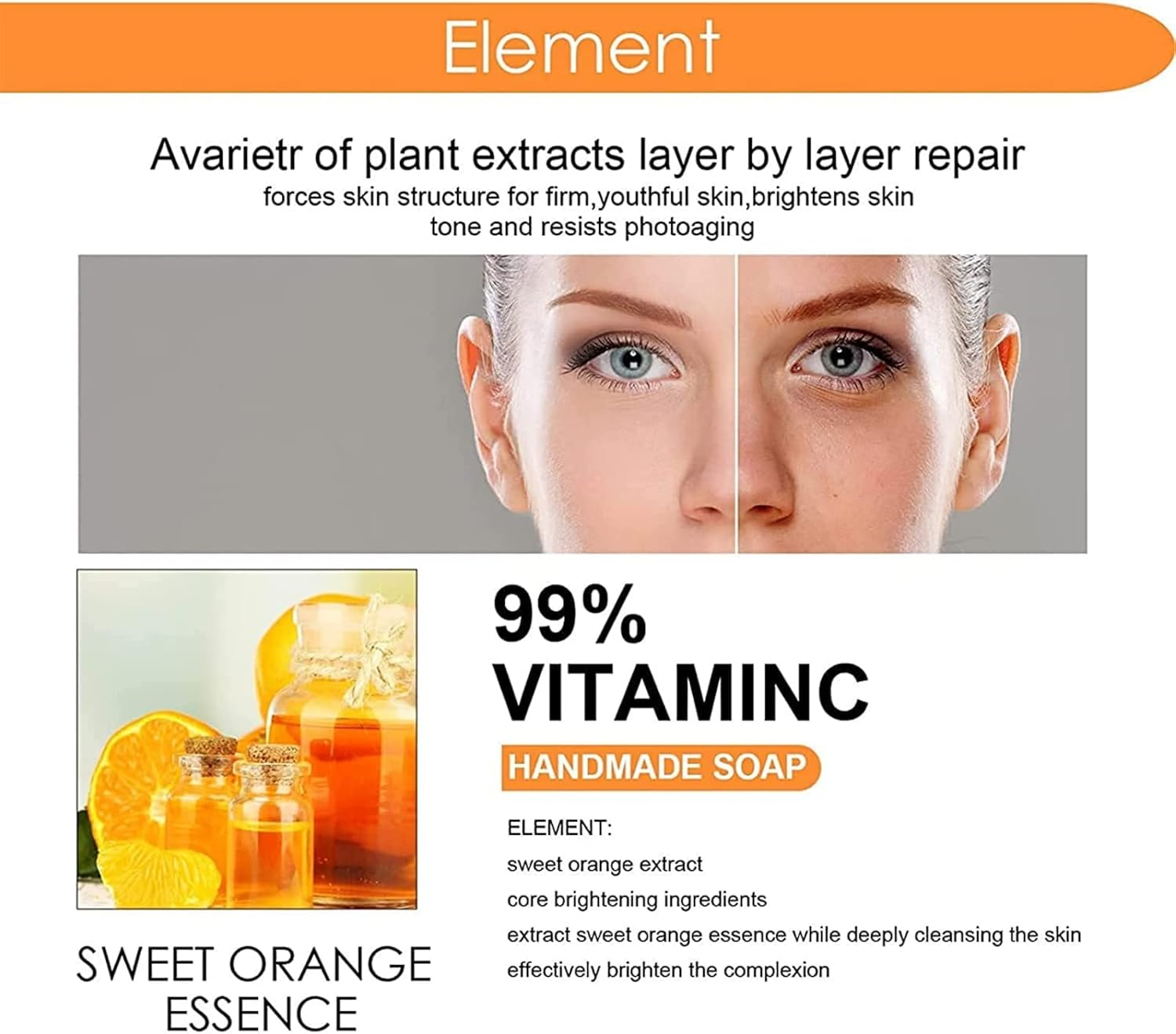 Natural Orange Vitamin C Handmade Soap, Whitening Handmade Soap, with 99% Vitamin C and Orange Extract, for Face & Body Exfoliate Moisturizing Whitening Care-100G image number 4