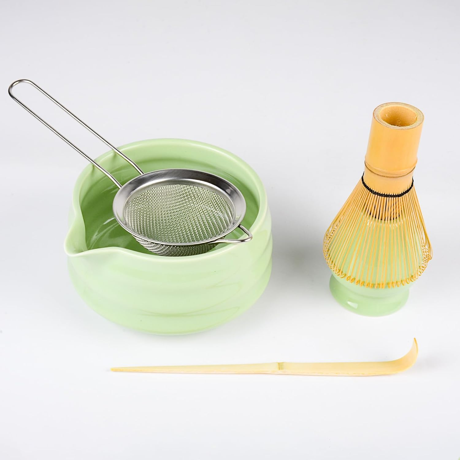 5 Pcs Matcha Tea Kit,Japanese Household Matcha Tea Set with Bamboo Whisk, Ceramic Whisk Holder, Traditional Scoop, Matcha Bowl with &lrm;Pouring Spout Design, Japanese Tea Set with Sifter(Green) image number 2
