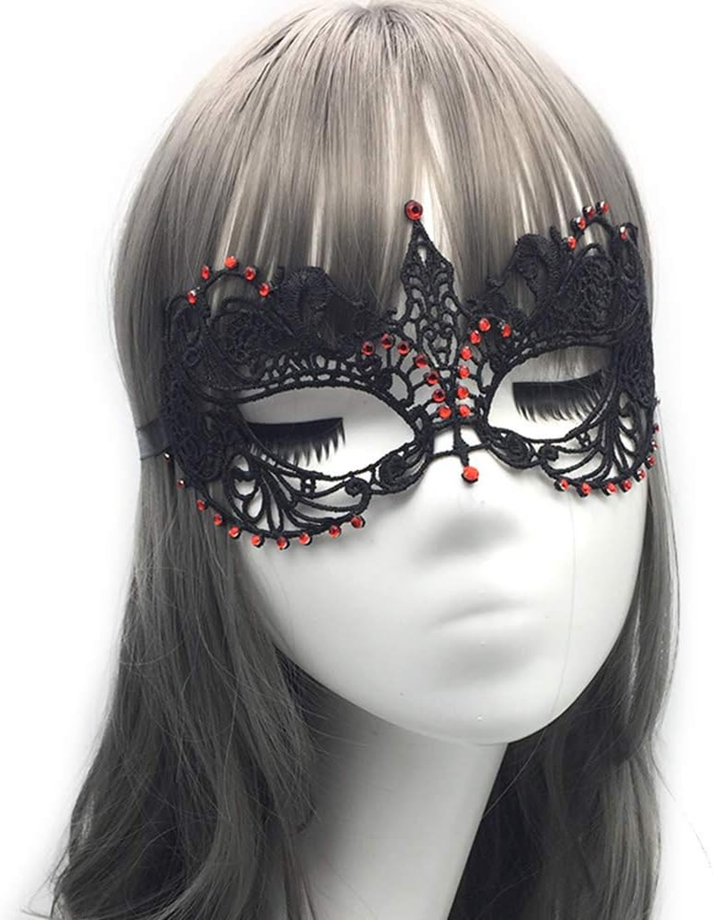 Imapo Masquerade Mask with Red Shiny Rhinestones, Sexy Mardi Gras Masks for Women Lady, Christmas Cosplay Venetian Party Prom Ball Lace Eye Masks - Black image number 3