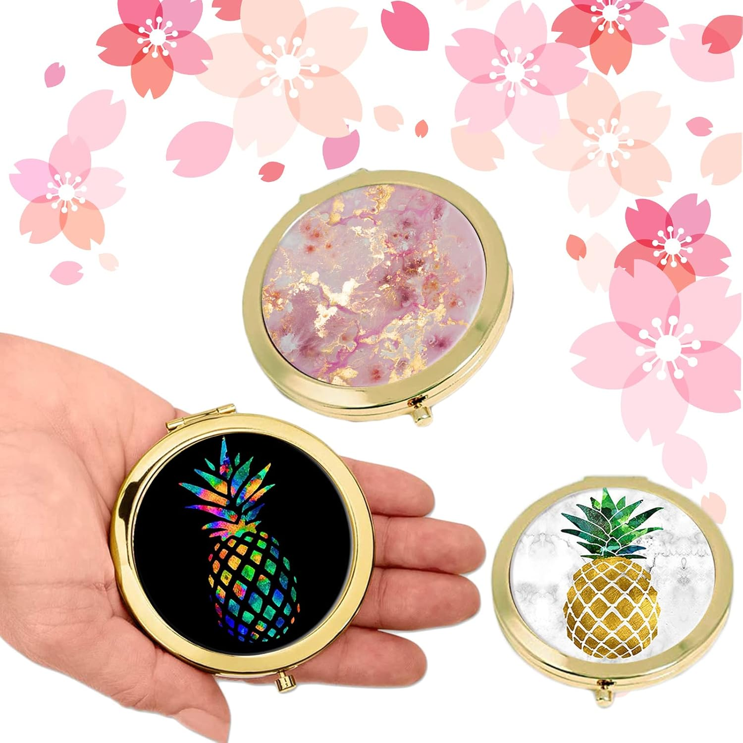 Compact Mirror for Women,Round Mini Pocket Travel Makeup Mirror,Pretty Portable Folding Small Pocket Mirror for Handbag,Purse,Double Sided Handheld Pocket Mirror（Golden Black Pineapple） image number 5